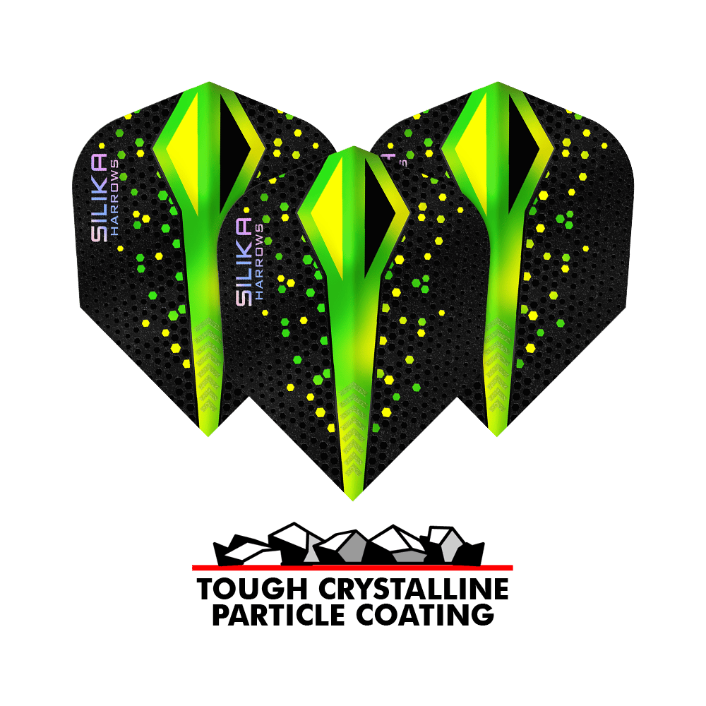 Das Bild zeigt drei Harrows Silika Colourshift Tough Crystalline Coating Green No6 Flights mit schwarzem Hintergrund und grünen, gelben Akzenten. Darunter steht ein Logo mit der Aufschrift "Tough Crystalline Particle Coating".