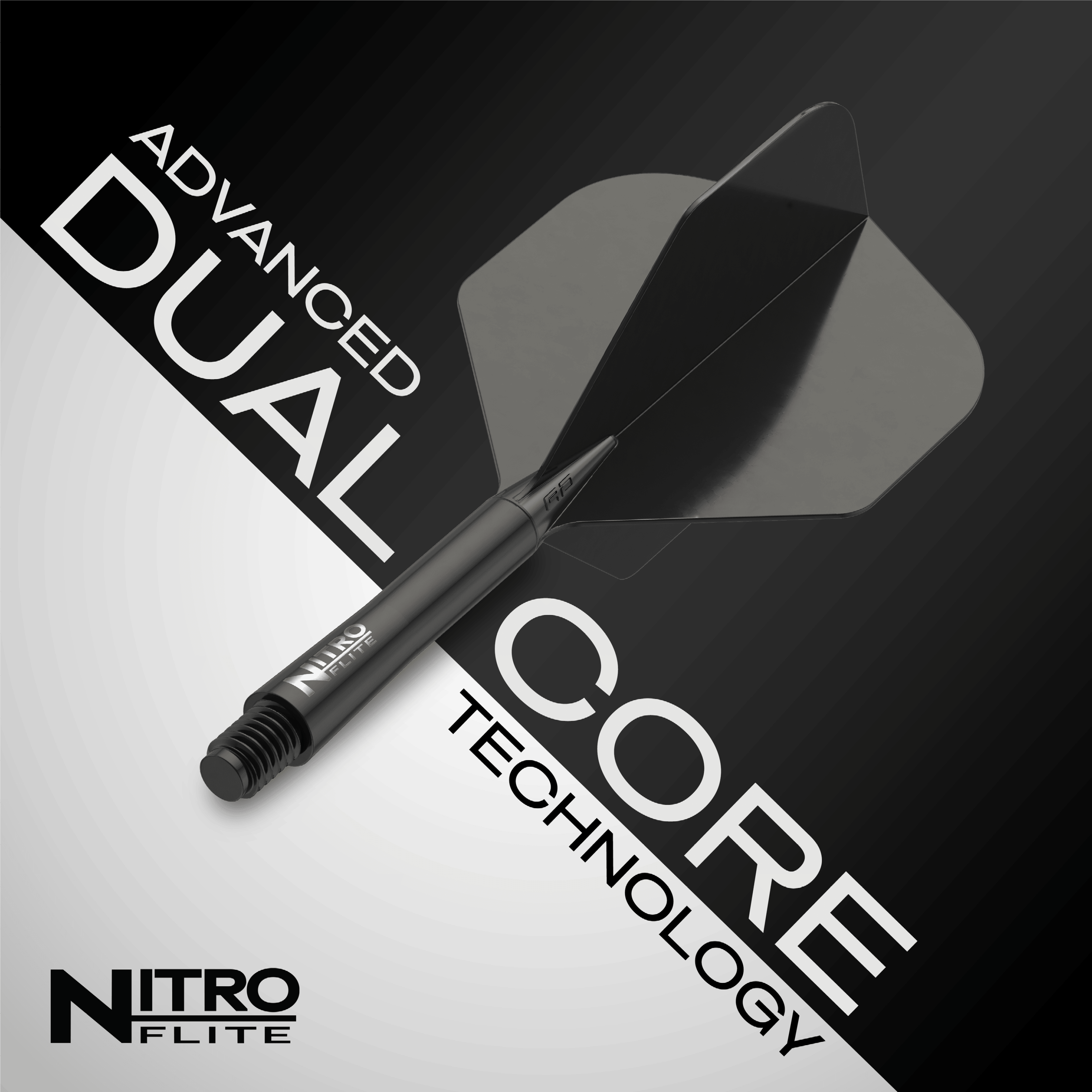 Das Bild zeigt das Produkt "Red Dragon Nitroflite - Black Shaft Black No2 Flights". Es hebt die fortschrittliche Dual-Core-Technologie hervor.