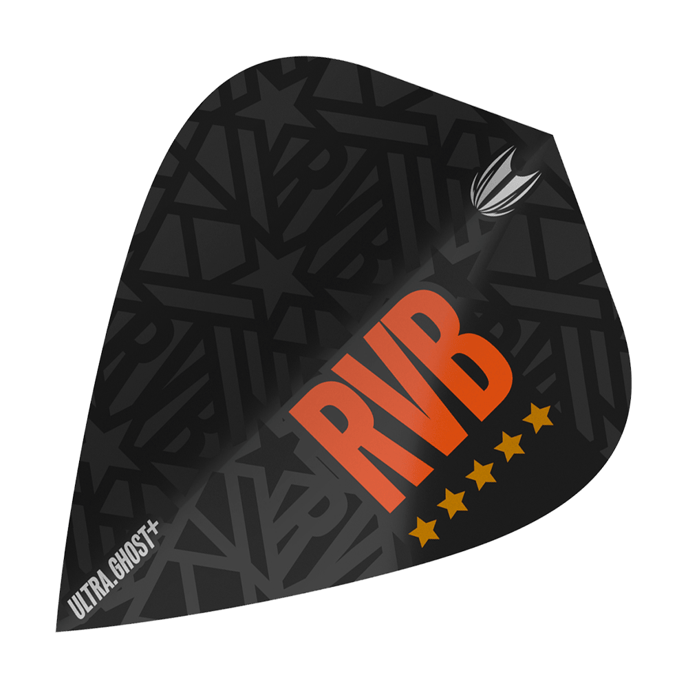Dies ist ein Target UltraGhost Raymond Van Barneveld GEN2 Kite Flight. Das Flight ist schwarz mit großen orangen Buchstaben "RVB" und fünf gelben Sternen gestaltet.