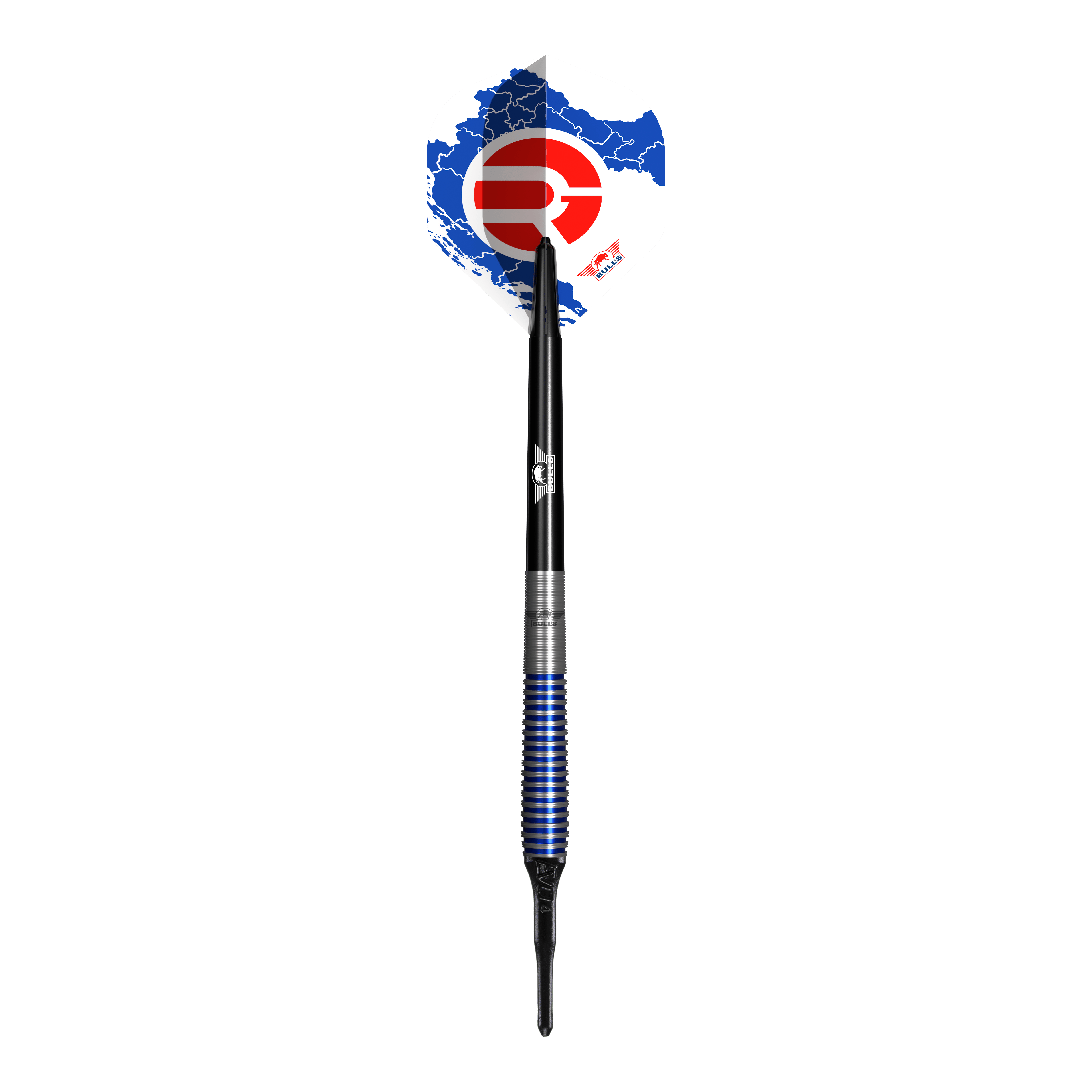 Bulls NL Romeo Grbavac soft darts - 19g Das Bild zeigt einen Softdart namens "Bulls NL Romeo Grbavac Softdarts- 19g". Der Dart hat ein markantes Design mit blauen und silbernen Ringen am Griff sowie einer schwarz-weißen Flights mit roten und blauen Akzenten.