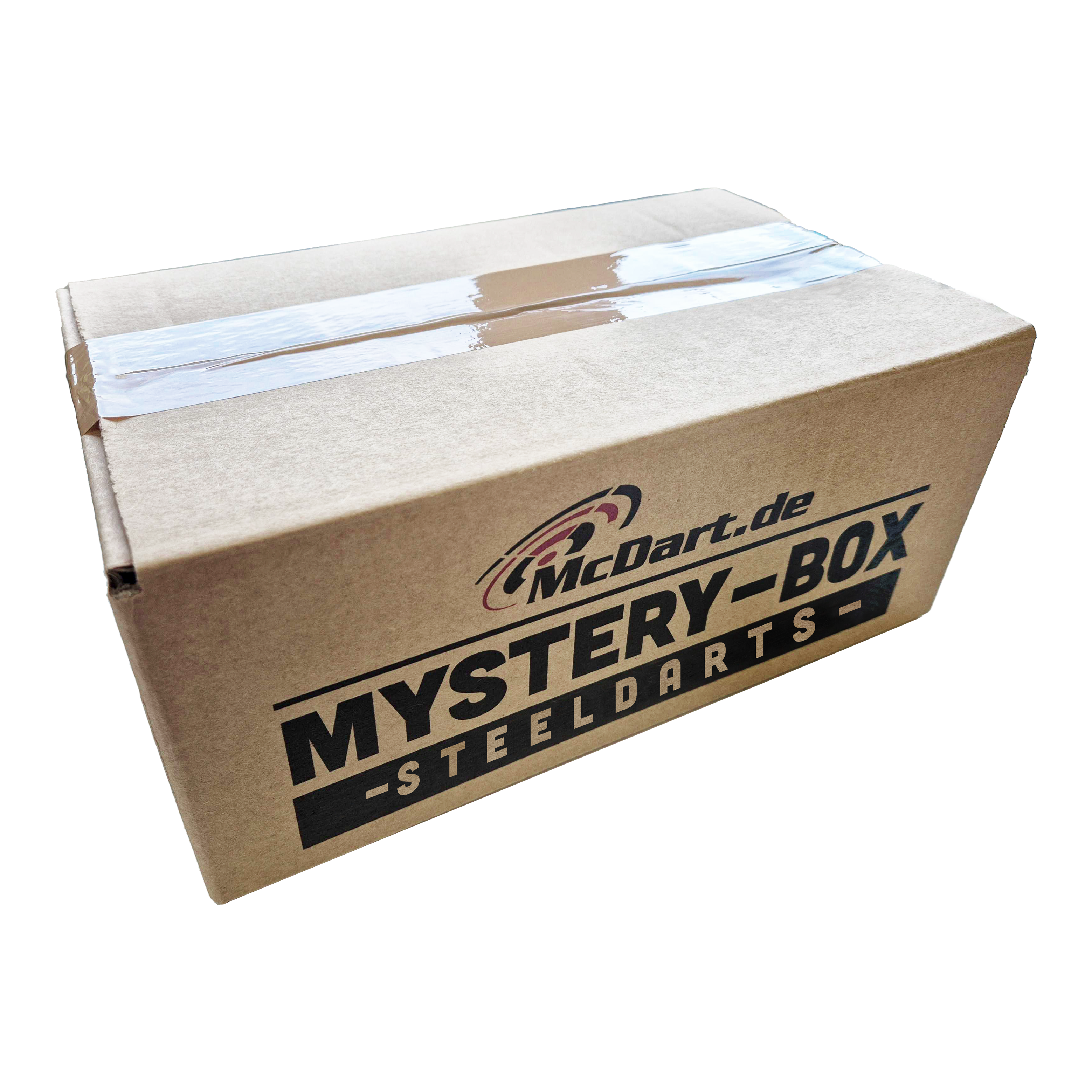 McDart Mystery Box - Steeldarts Auf dem Bild ist ein Karton mit der Aufschrift "McDart.de Mystery-Box - Steeldarts" zu sehen. Die Box ist oben mit Klebeband verschlossen.
