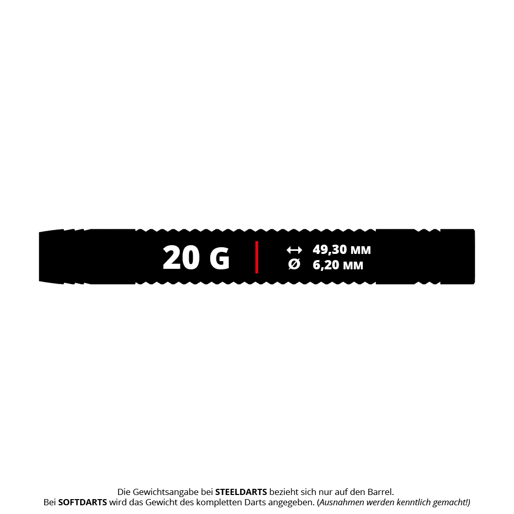 Bulls Jermaine Wattimena Generation 3 Soft Darts - 20g Das Bild zeigt die Maße und das Gewicht des Bulls Jermaine Wattimena Generation 3 Softdarts mit 20 Gramm. Der Dart ist 49,30 mm lang und hat einen Durchmesser von 6,20 mm.