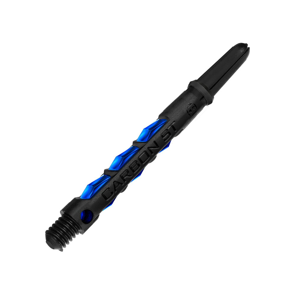 Das Bild zeigt einen Harrows Carbon ST Shafts in der Farbe Blau. Der Schaft hat ein modernes, schwarzes Design mit blauen Akzenten.