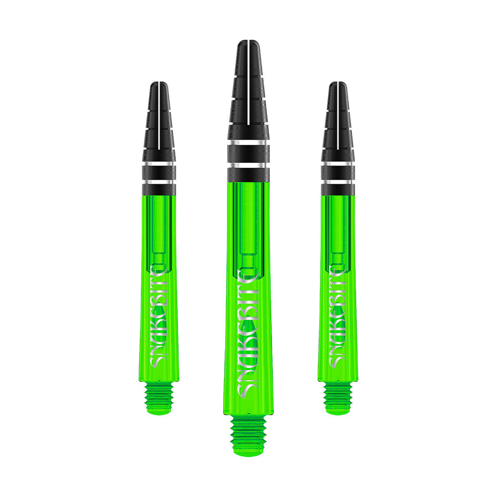 Das Bild zeigt drei grüne Dartschäfte mit schwarzer Spitze. Auf den Schäften steht das Wort "Snakebite" in weißer Schrift.