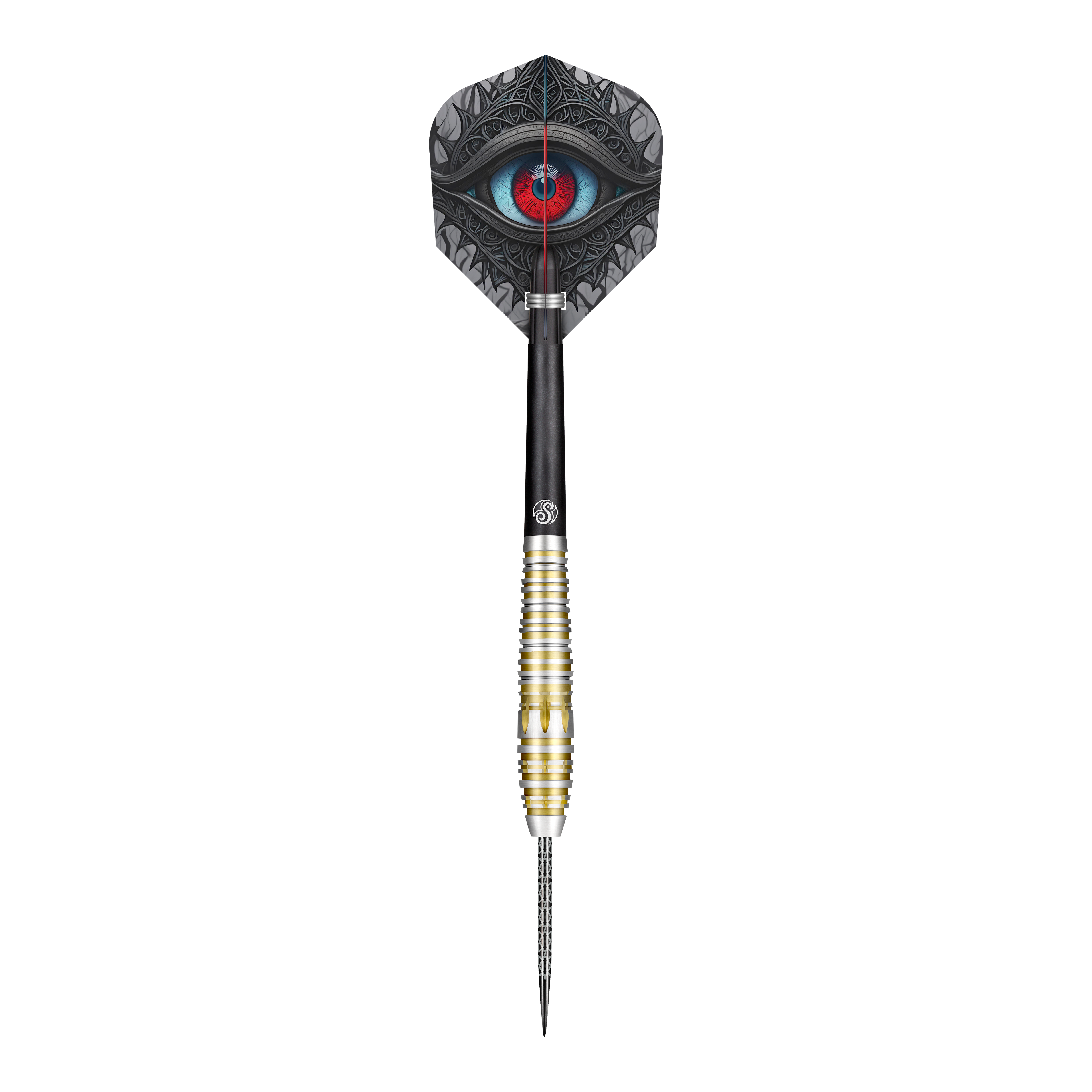 Shot Celt Balor Steeldarts Dieses Bild zeigt einen Steeldartpfeil des Produkts "Shot Celt Balor Steeldarts". Auf dem Flight ist ein auffälliges Auge in blauen und roten Farbtönen abgebildet.