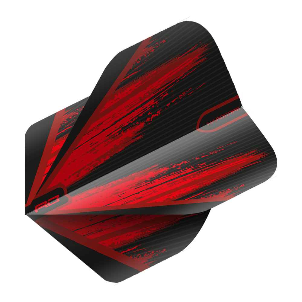 TF6442_Red_Dragon_Hardcore_Black_Red_V2_Standard_Flights_2 Dies ist ein Dart-Flight in den Farben Schwarz und Rot mit einem dynamischen, modernen Design. Die Oberfläche zeigt kräftige rote Streifen und das Wort "HARDCORE" ist darauf zu erkennen.