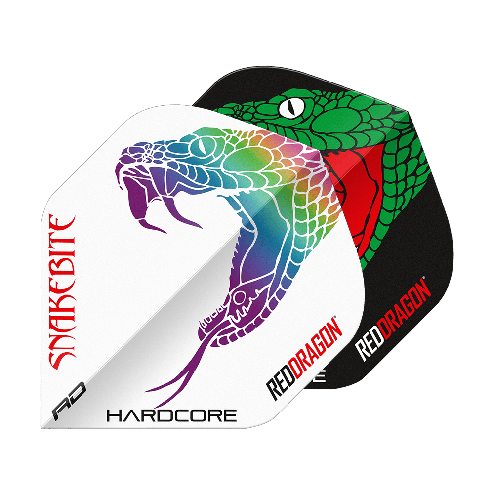 Das Bild zeigt zwei Dart-Flights mit auffälligen Schlangenmuster-Designs in Schwarz und Weiß. Auf beiden Flights stehen die Wörter "Snakebite" und "Red Dragon".