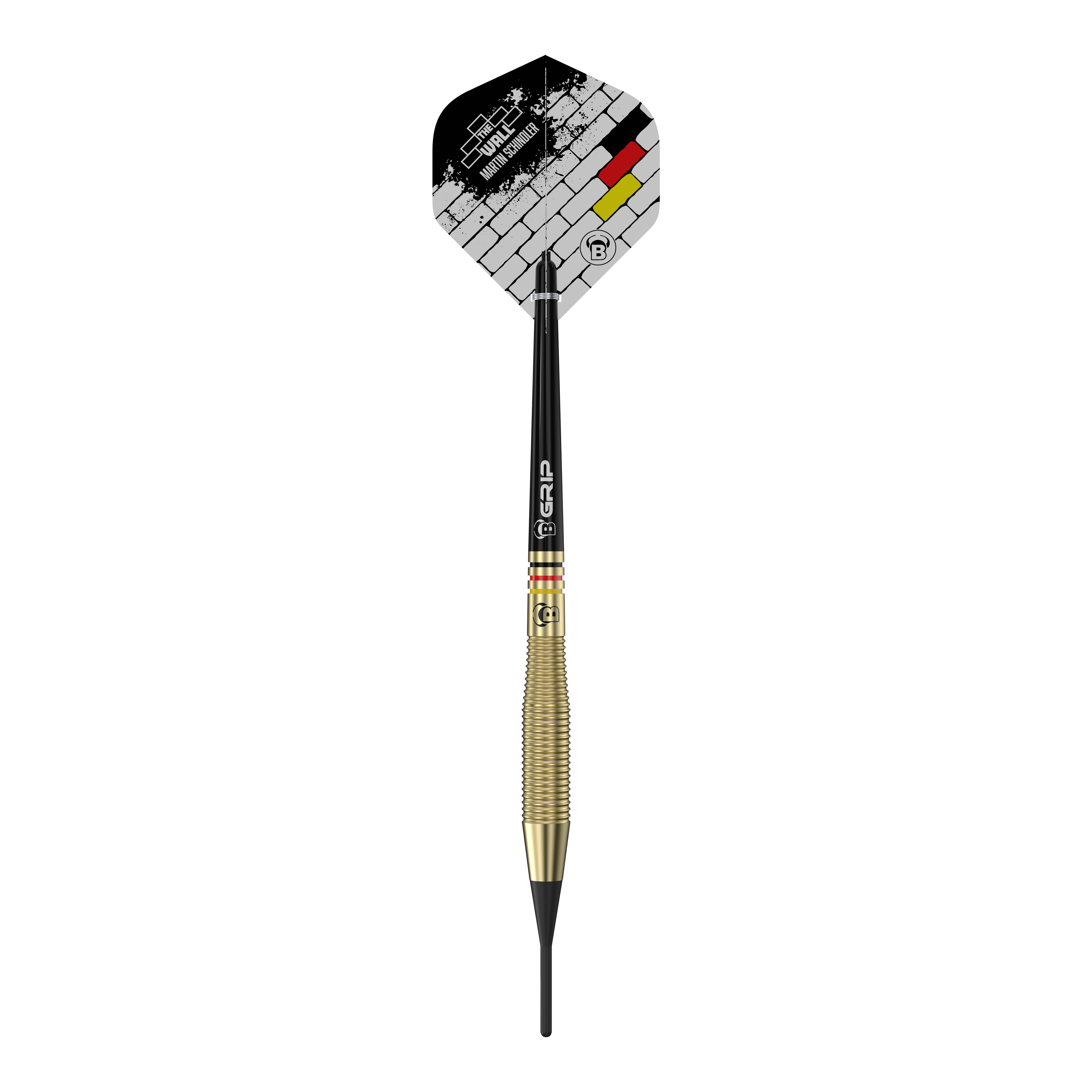 Auf dem Bild ist der Softdart "Bulls Martin Schindler The Wall Brass Softdarts - 18g" zu sehen. Der Dart hat eine goldfarbene Griffzone und ein Flight-Design mit Mauer- und Deutschlandfarben.
