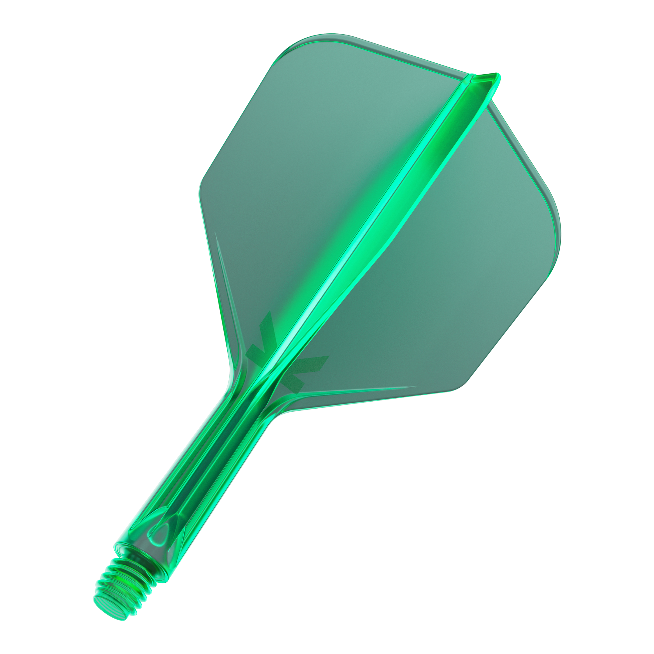 Das Bild zeigt eine grüne Dart-Flügel- und Schaft-Kombination. Das Material wirkt transparent und hat eine glatte Oberfläche.