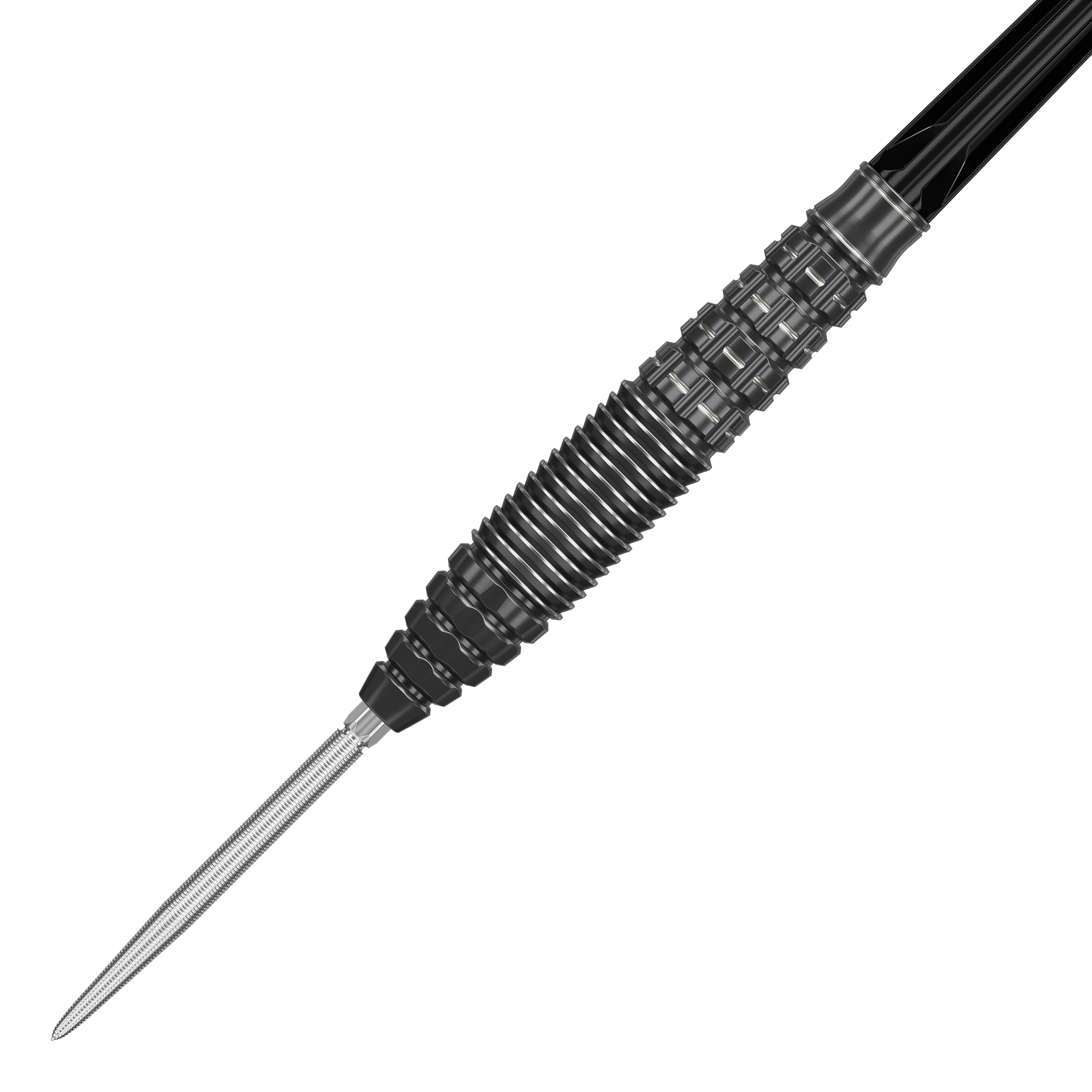 Target Japan Black Marque Phantom Swiss Point Steel Darts Das Bild zeigt den Target Japan Black Marque Phantom Swiss Point Steeldart. Der Dartpfeil hat ein schwarzes, strukturiertes Griffstück und eine silberne Stahlspitze.