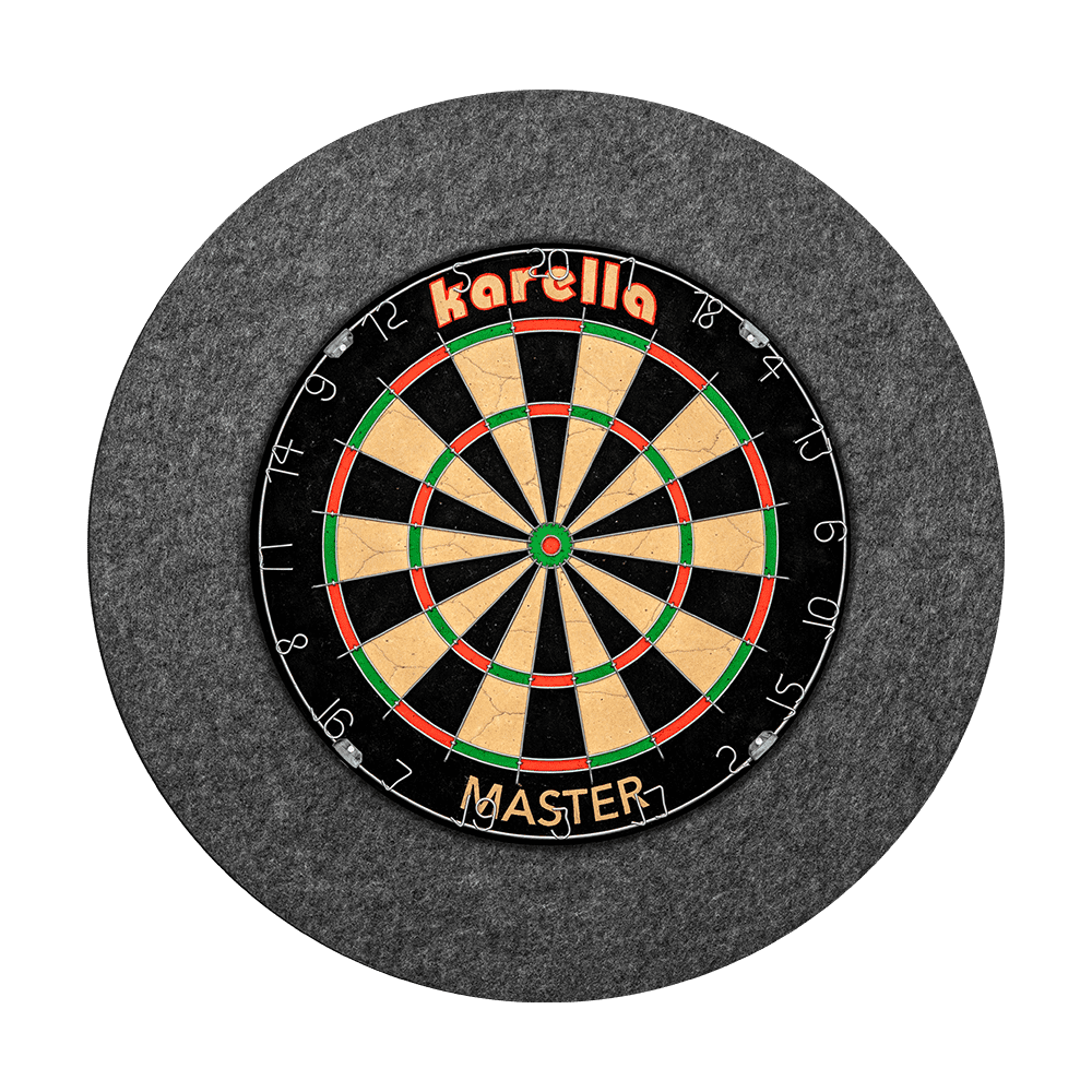 811501_Karella_Schallschutz_f-r_Steeldartboards_2 Das Bild zeigt ein Steeldartboard der Marke Karella mit integriertem grauem Schallschutz und Auffangring. Das Dartboard ist mittig im runden Schallschutz montiert.
