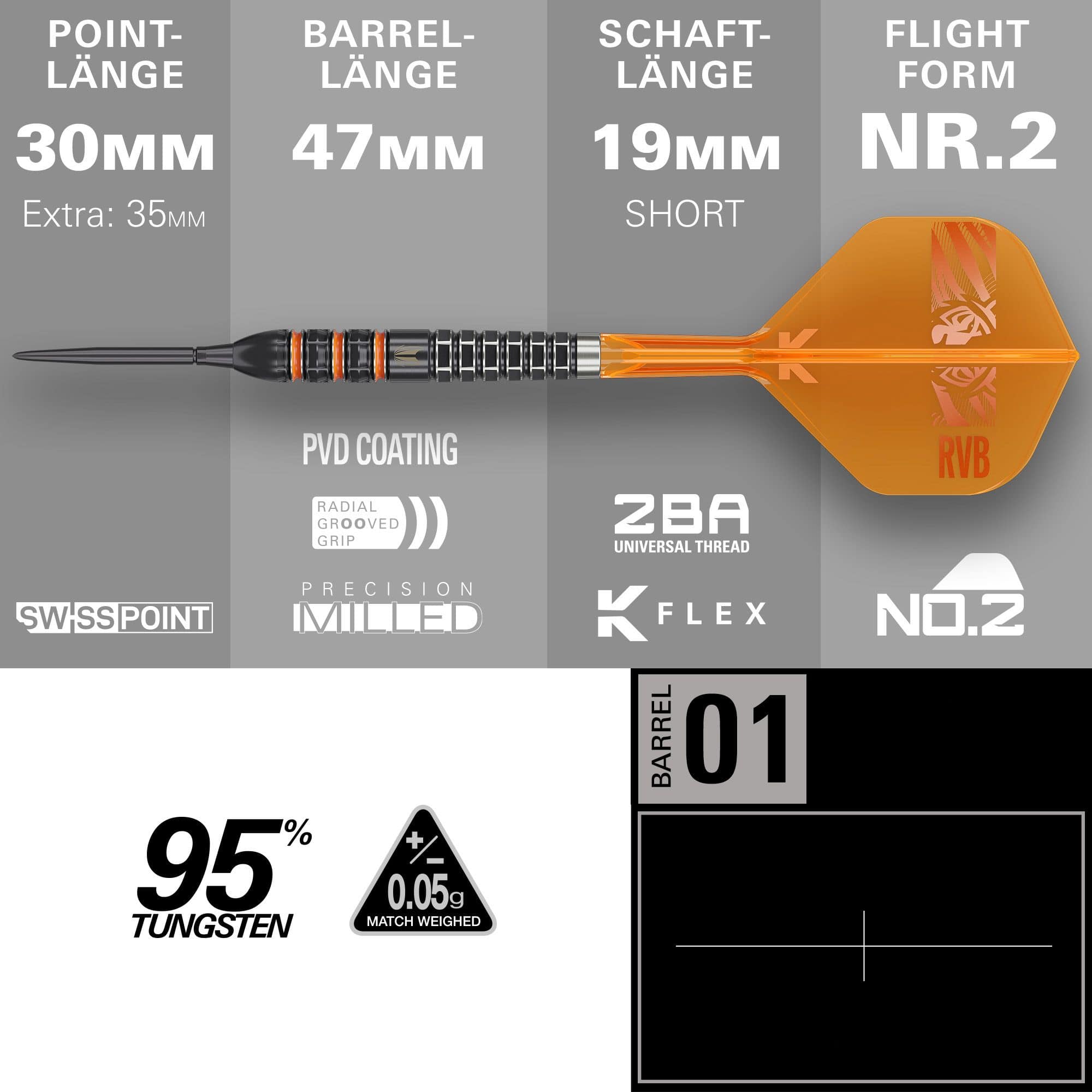Auf dem Bild ist der Target Raymond Van Barneveld 95K Swiss Points Steeldarts zu sehen. Die Darts haben ein professionelles Design.