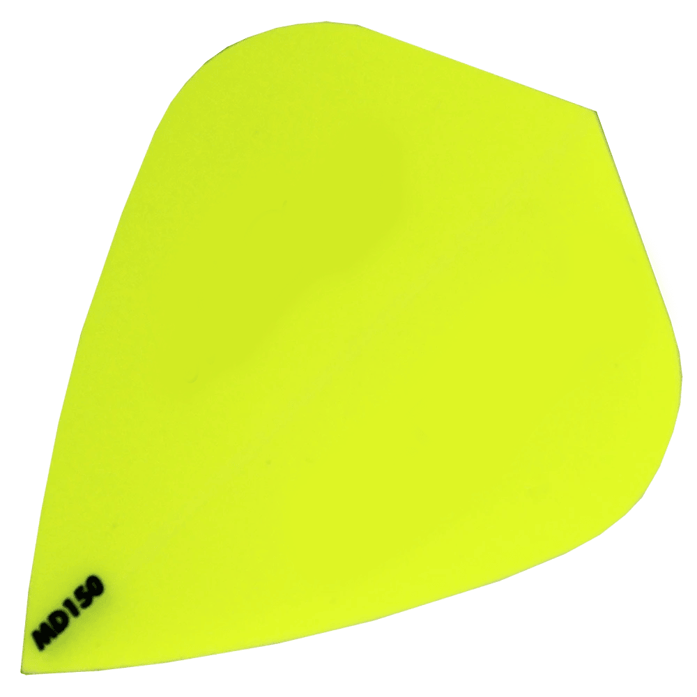 Das Bild zeigt ein leuchtend gelbes Dartflight des Modells „McDart MD150 – Kite Flight“. In der unteren linken Ecke steht in schwarzer Schrift „MD150“.