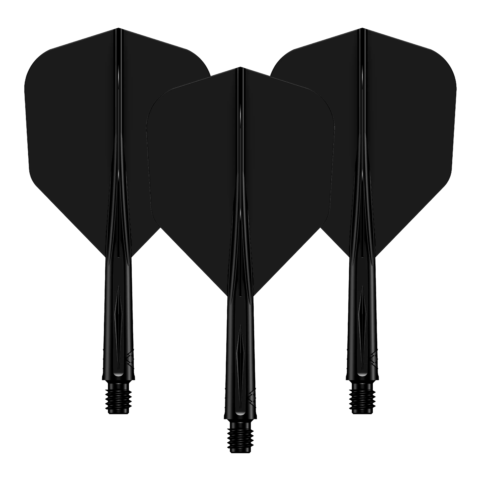Mission Force 90 No6 Flight Shaft System - Black Das Bild zeigt drei schwarze Dartflights mit passenden Dartschäften. Sie sind hintereinander angeordnet und haben eine glänzende Oberfläche.