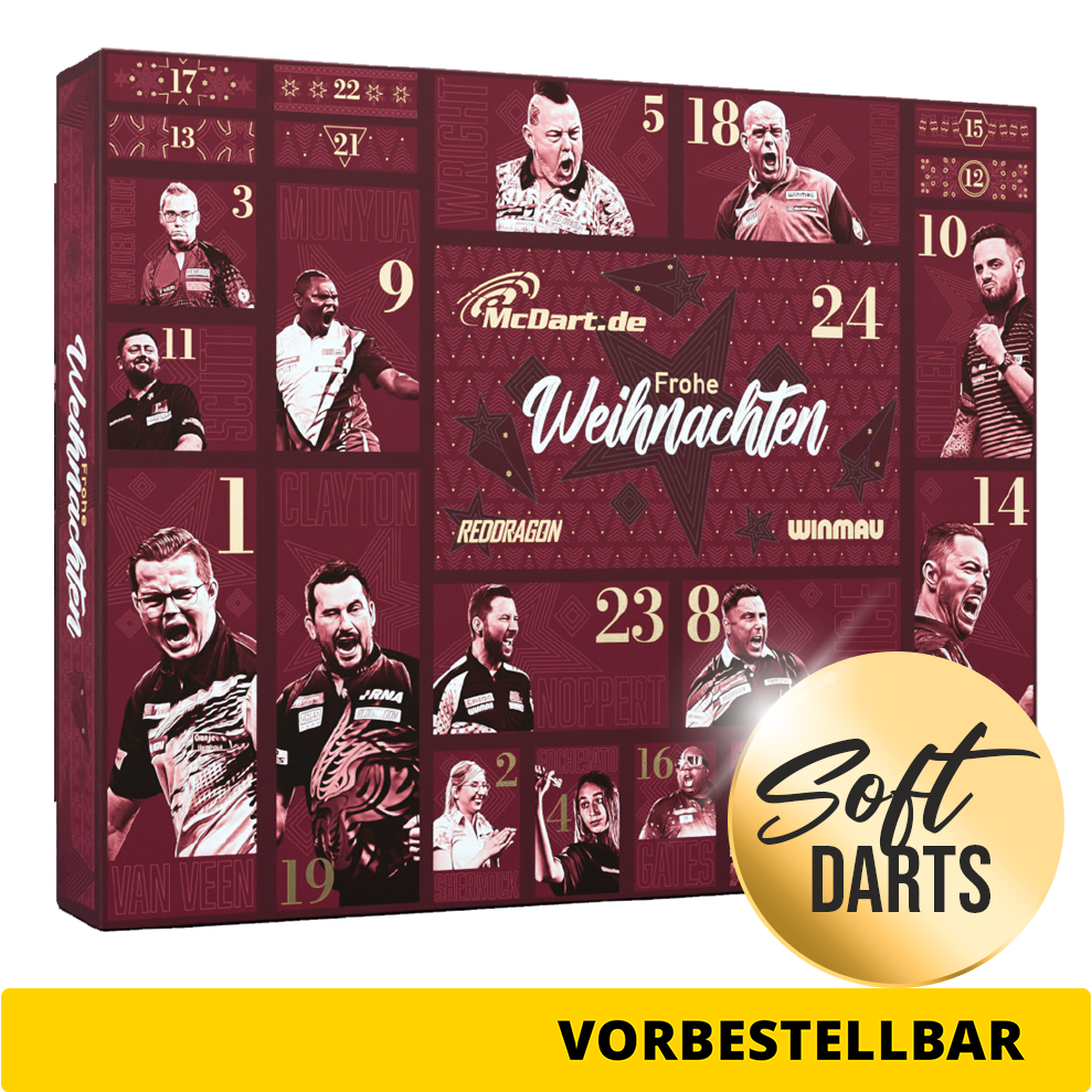 Abgebildet ist der McDart Premium Adventskalender 2026 für Softdart-Spieler. Dieser Adventskalender richtet sich an Softdart-Fans.