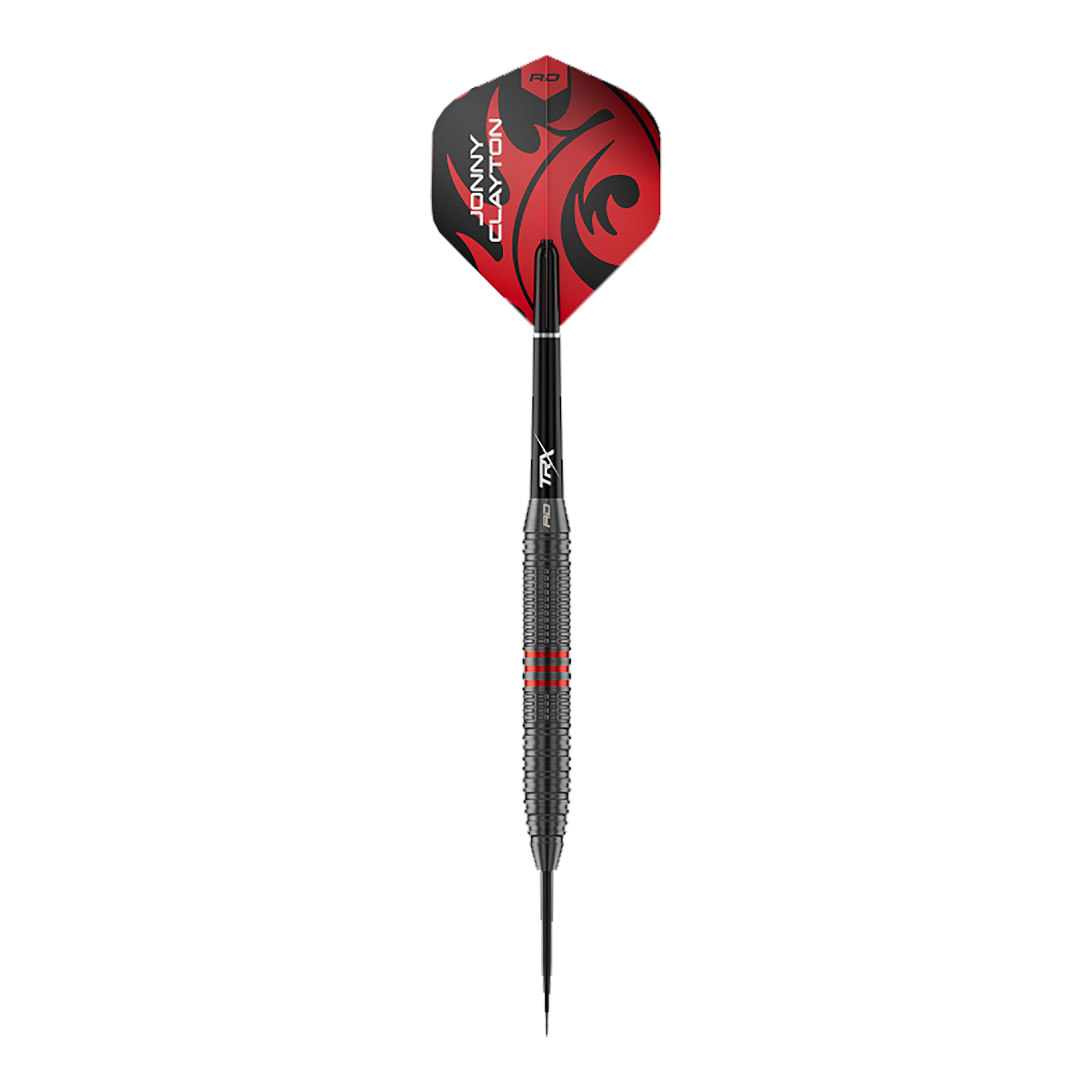 Abgebildet ist ein einzelner Red Dragon Jonny Clayton Core Brass Steeldart mit 21g Gewicht. Der Dart zeigt goldene Akzente und ein markantes Griffdesign.