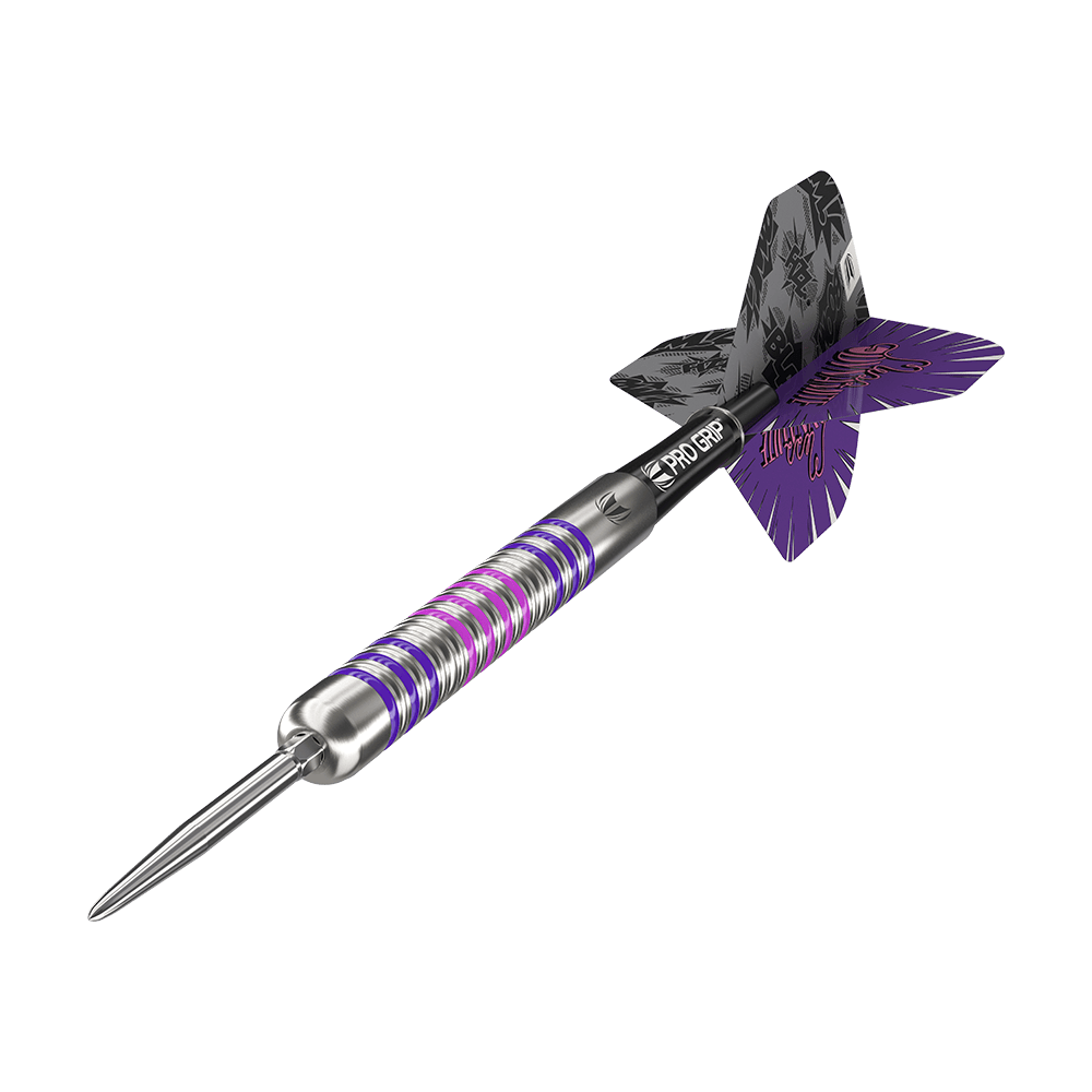 190221_Target_Elanor_Cairns_GEN1_Swiss_Point_Steeldarts_4 Dies ist ein Target Eleanor Cairns GEN1 Swiss Point Steeldart mit 24g Gewicht. Der Dartpfeil hat ein silbernes Barrel mit lila und pinken Akzenten sowie schwarze und lila Flights.