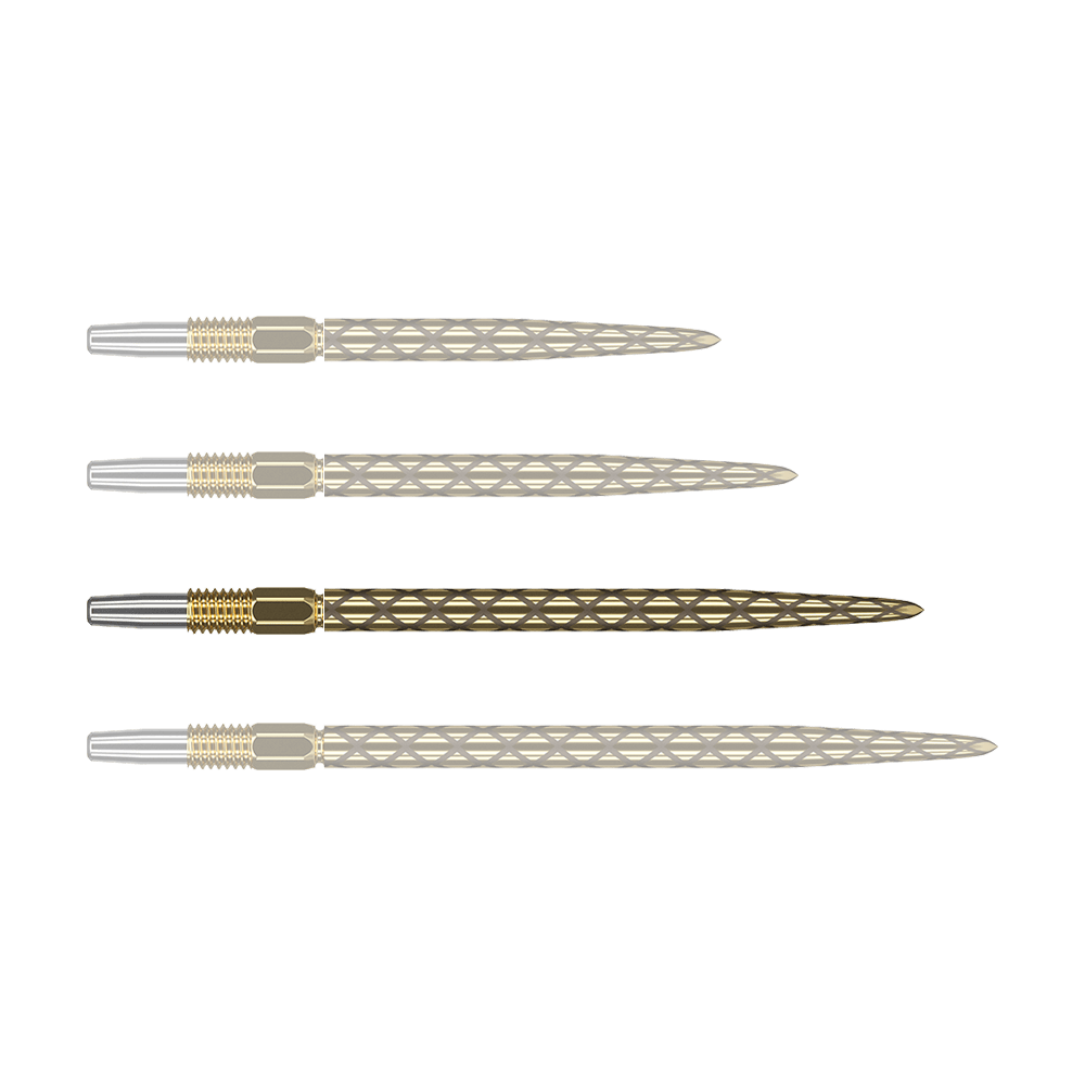 Target Swiss Diamond Pro Gold dart tips Das Bild zeigt vier goldfarbene Dartspitzen mit rautenförmigem Muster. Die Spitzen sind nebeneinander angeordnet und haben am Ende einen silbernen Abschnitt.