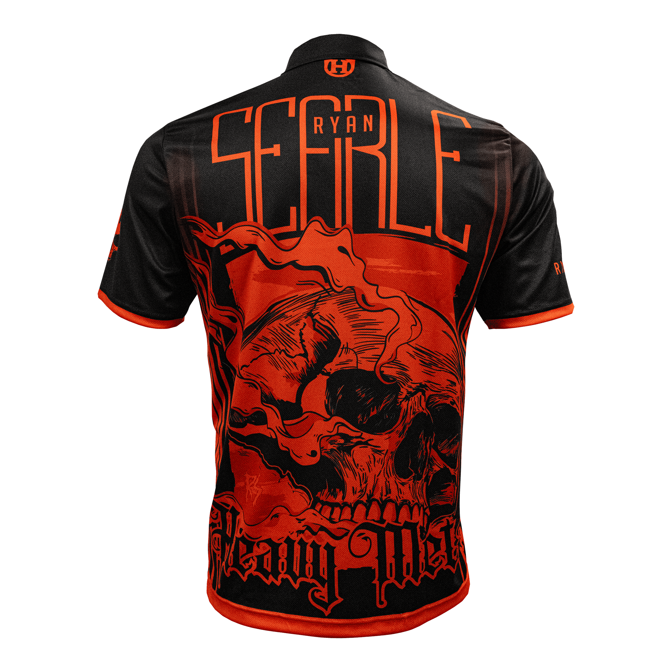 Abgebildet ist das Harrows Ryan Searle Heavy Metal Playershirt. Dieses Shirt ist für professionelle Dartspieler geeignet.