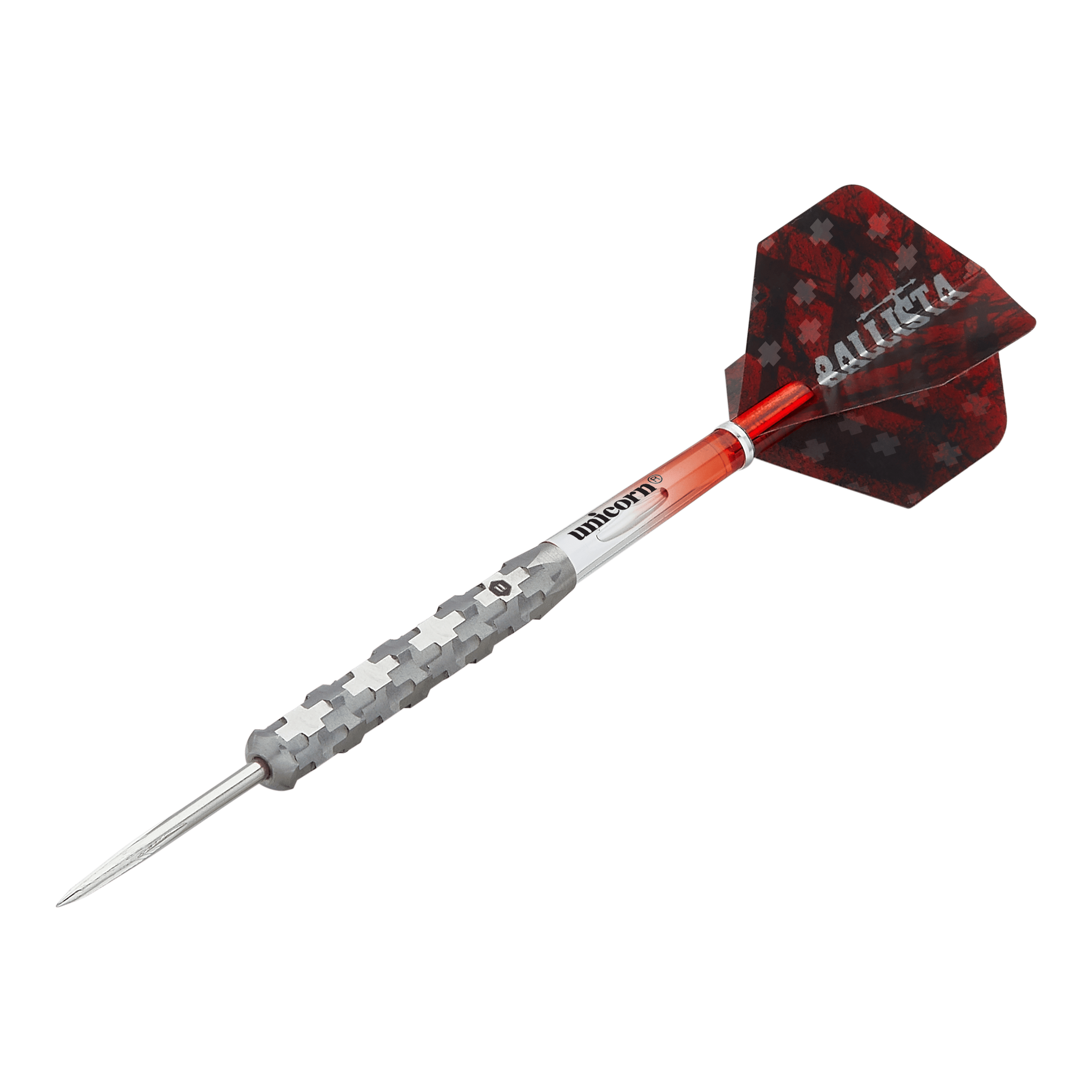 Unicorn Ballista Style 1 steel darts Dies ist ein Steeldart aus der Produktreihe "Unicorn Ballista Style 1". Er hat einen silbernen, strukturierten Schaft und rote Flights mit Muster.