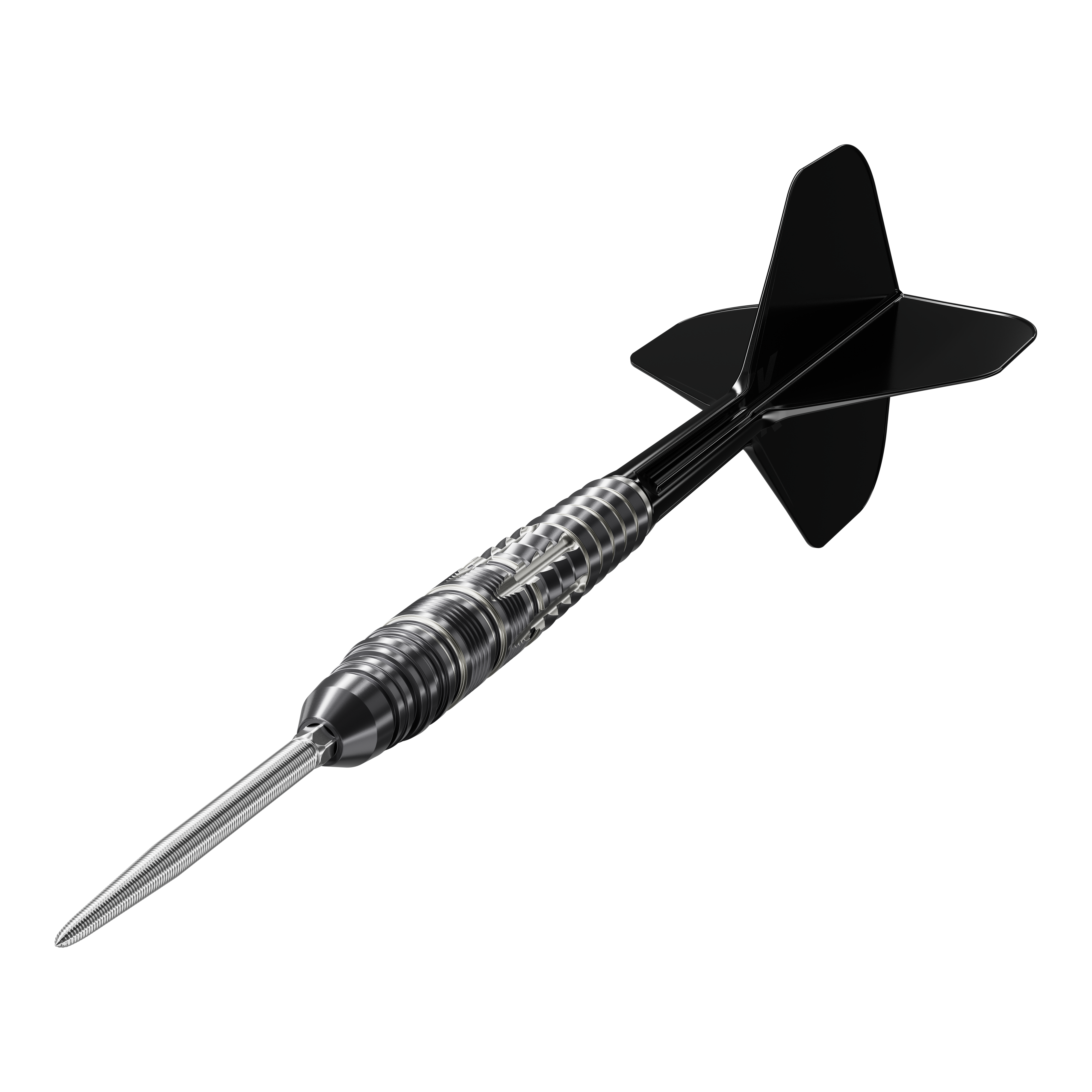 Zu sehen sind die Target Japan Black Marque Blaze Swiss Point Steeldarts - 23g aus einer anderen Perspektive. Die Darts haben eine schwarze, stilvolle Optik.