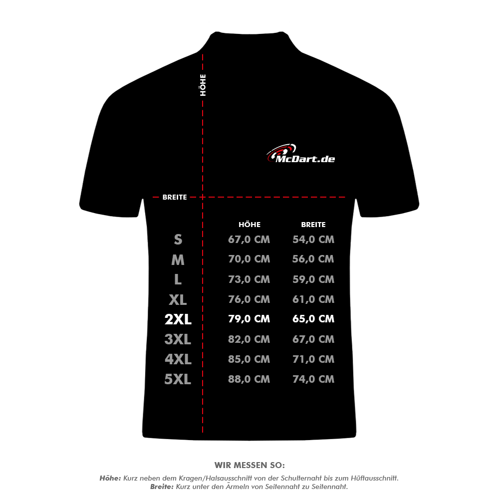 HRS-26036Harrows_Paragon_Dartshirts_5_XXLH0V2j9l7Ml8Cj Das Bild zeigt eine Größentabelle für das Harrows Paragon Dartshirt in Blau. Die Tabelle enthält die Maße in Höhe und Breite für die Größen S bis 5XL.