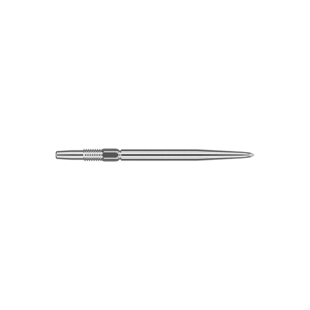 Target Swiss Point Silver dart tips Das Bild zeigt eine silberne Dartspitze mit einer Länge von 30 mm. Die Spitze ist schmal und hat feine Rillen im hinteren Bereich für besseren Halt.