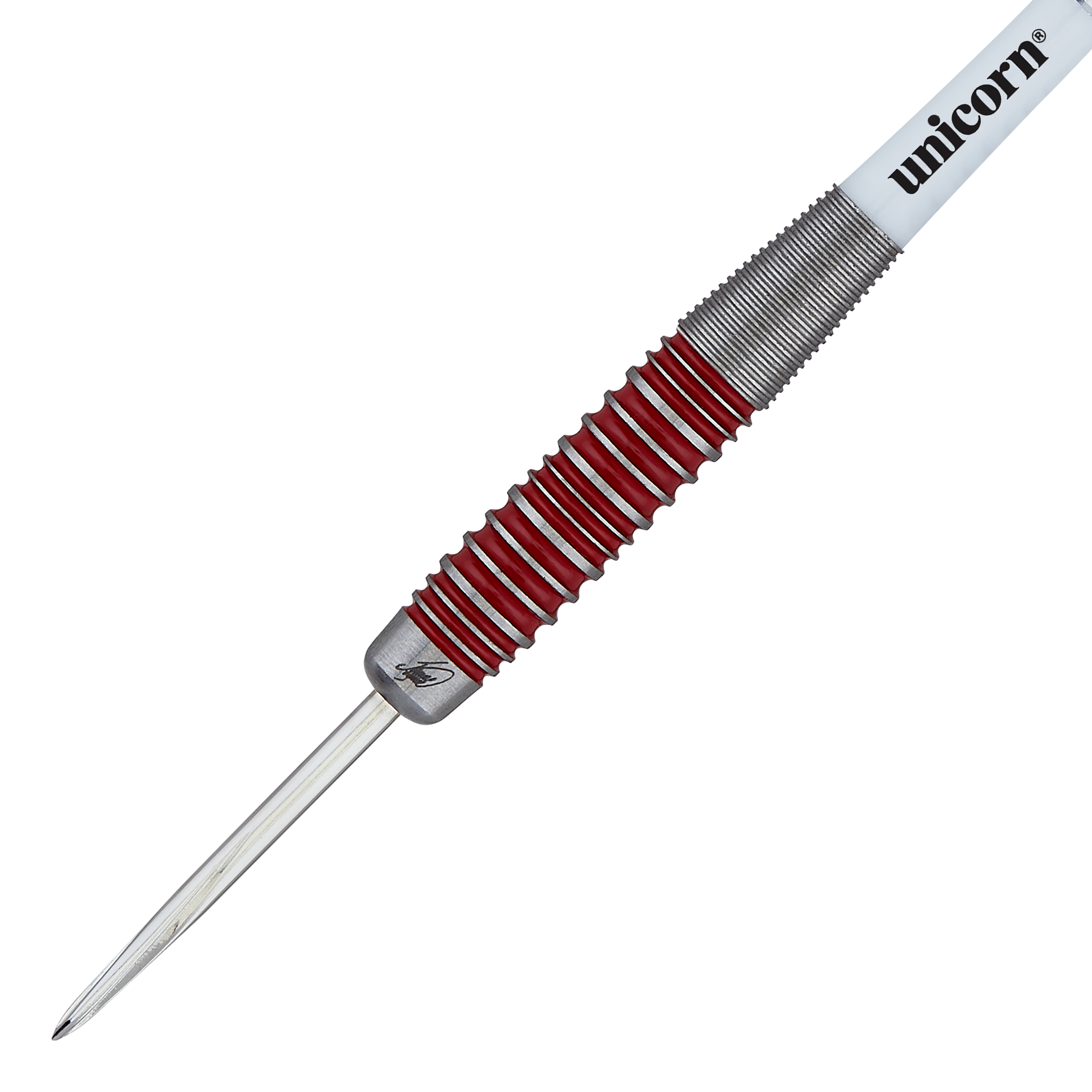 Unicorn The Machine James Wade 90% steel darts Das Bild zeigt einen Steeldartpfeil der Marke Unicorn aus der "The Machine James Wade 90%" Serie. Der Dart hat ein silbernes und rotes Griffstück sowie eine weiße Schaft mit dem Schriftzug "unicorn".
