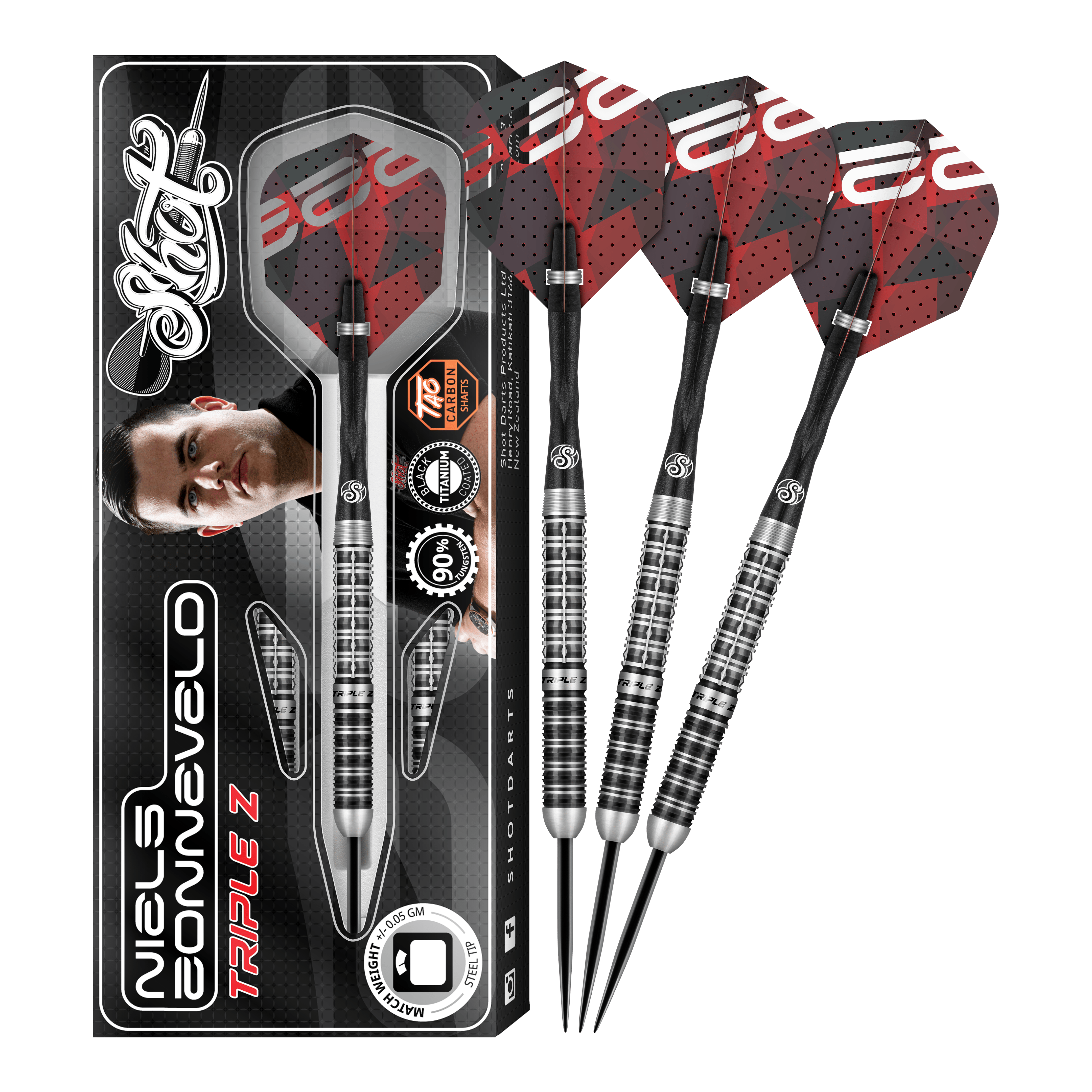 Das Bild zeigt das Produkt "Shot Niels Zonneveld V2 Steeldarts" samt Verpackung und vier Steeldarts. Die Darts haben ein silber-schwarzes Design mit roten Flights.