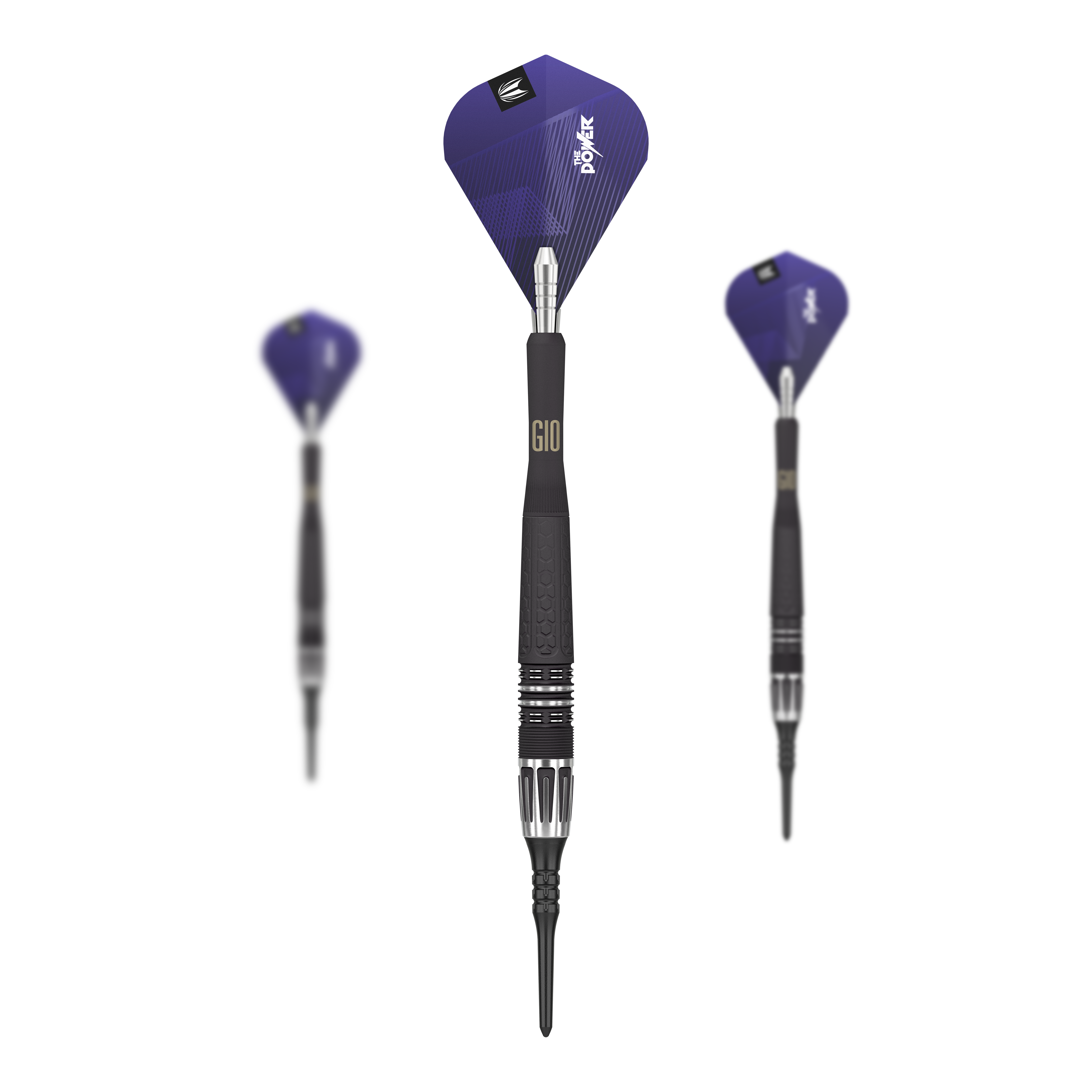 Target Phil Taylor Power 9Five GEN10 soft darts Auf dem Bild sind drei Target Phil Taylor Power 9Five GEN10 Softdarts zu sehen. Die Darts haben schwarze Griffe und blaue Flights mit dem Aufdruck "Power".