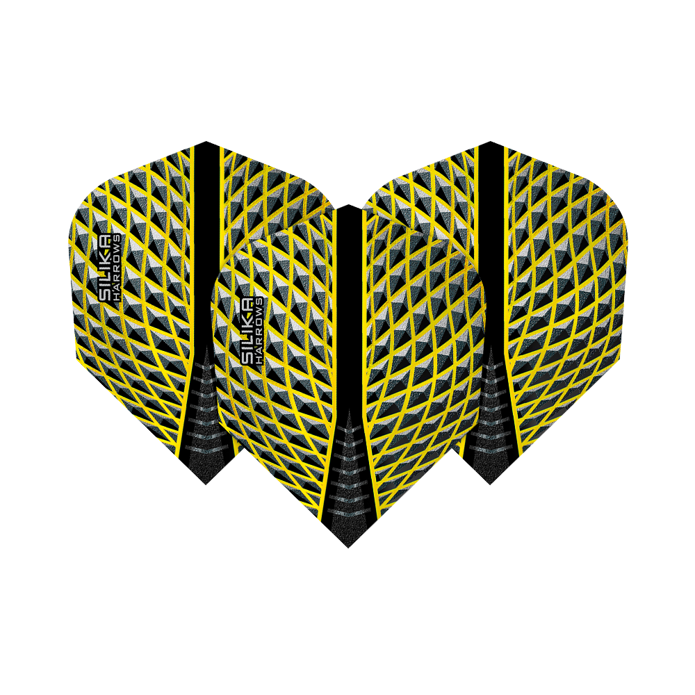 HR86_Harrows_Silika_Yellow_No6_Flights_1j2IQg7MJt5lfI Das Bild zeigt drei Harrows Silika Yellow No6 Flights mit einem gelben und schwarzen Muster. Die Flights haben ein auffälliges, rautenförmiges Design und das Harrows Silika Logo.