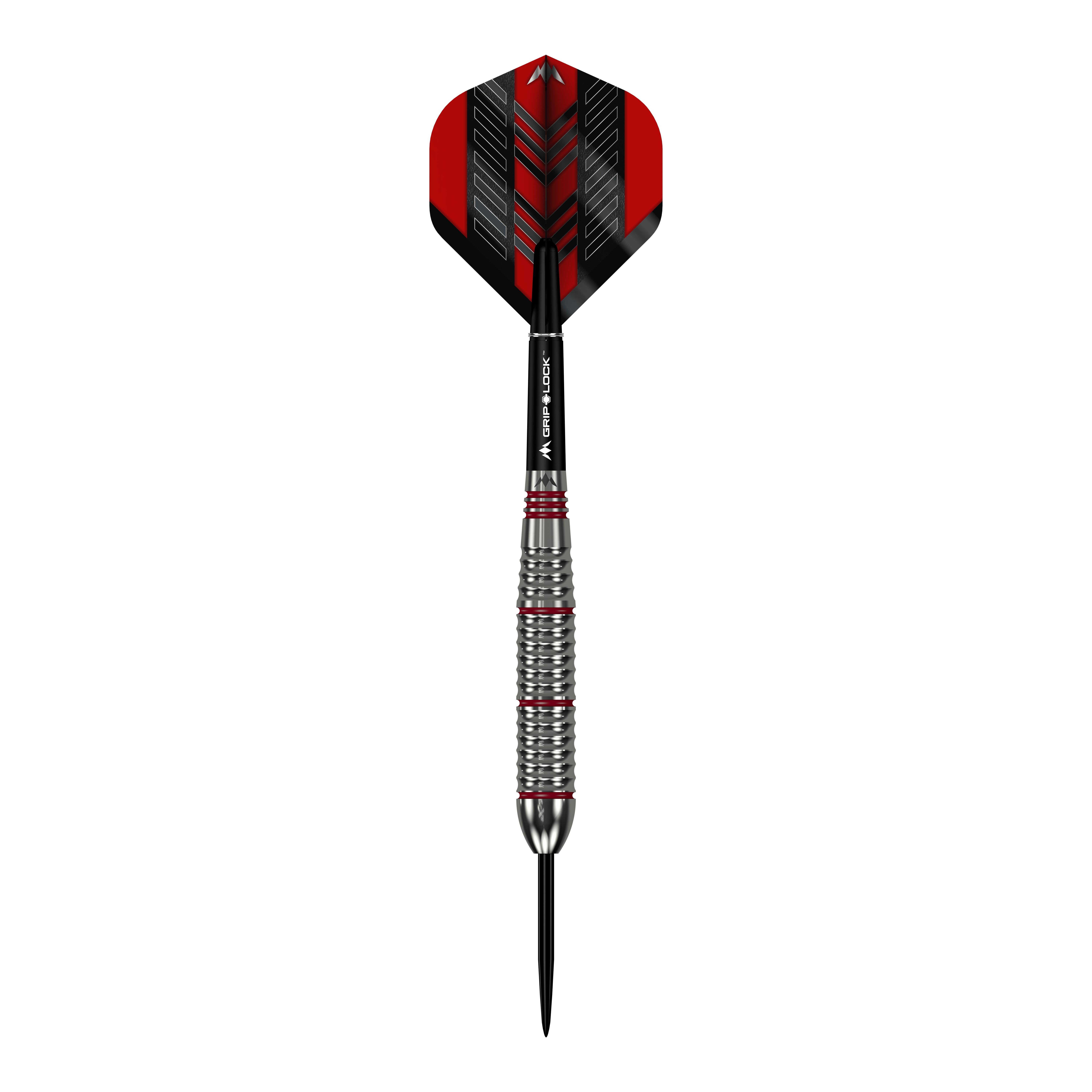 Mission Rogue Brass Steel Darts - 22g Das Bild zeigt einen Mission Rogue Brass Steeldart mit einem Gewicht von 22 Gramm. Der Dart hat ein silbernes, geriffeltes Barrel und rote sowie schwarze Akzente an Flight und Shaft.