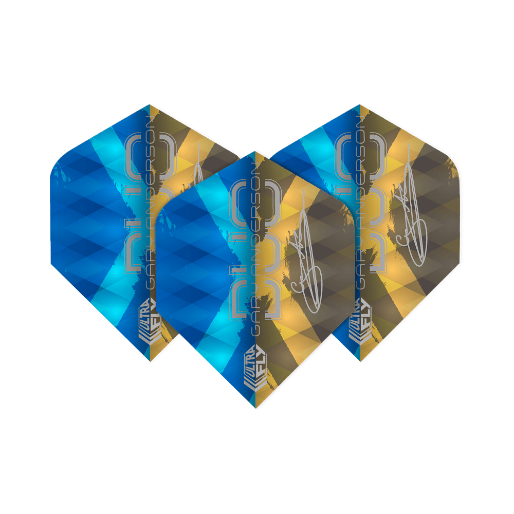 Unicorn Ultrafly 100 Gary Anderson Duo Plus Flights Das Bild zeigt drei Dartflights der Marke "Unicorn Ultrafly 100 Gary Anderson Duo Plus". Die Flights sind in den Farben Blau und Gold gestaltet und tragen den Schriftzug "Gary Anderson".
