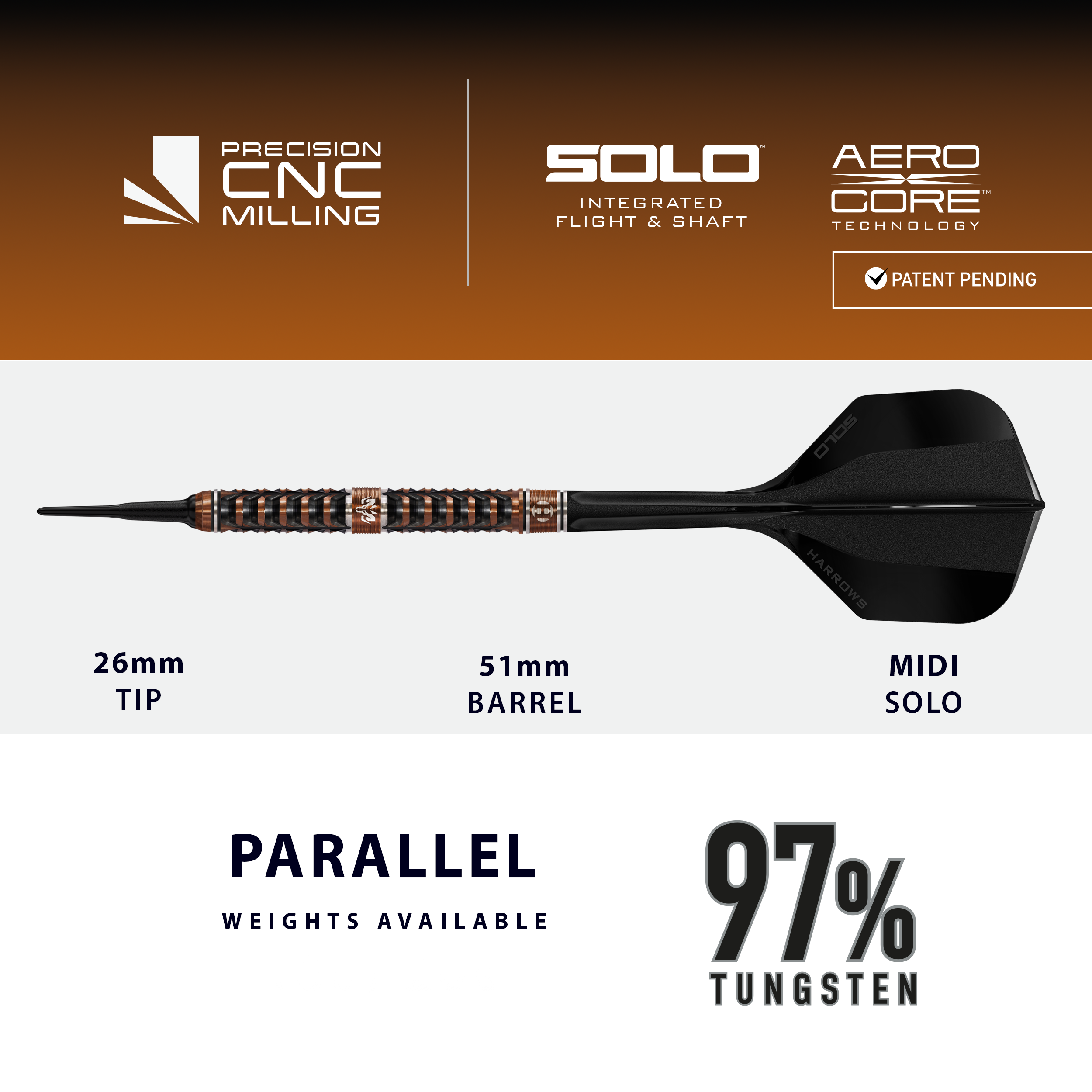 Harrows Tungsten Trinity soft darts Das Bild zeigt die Harrows Wolfram Trinity Softdarts. Diese Softdarts sind ideal für präzises Werfen geeignet.