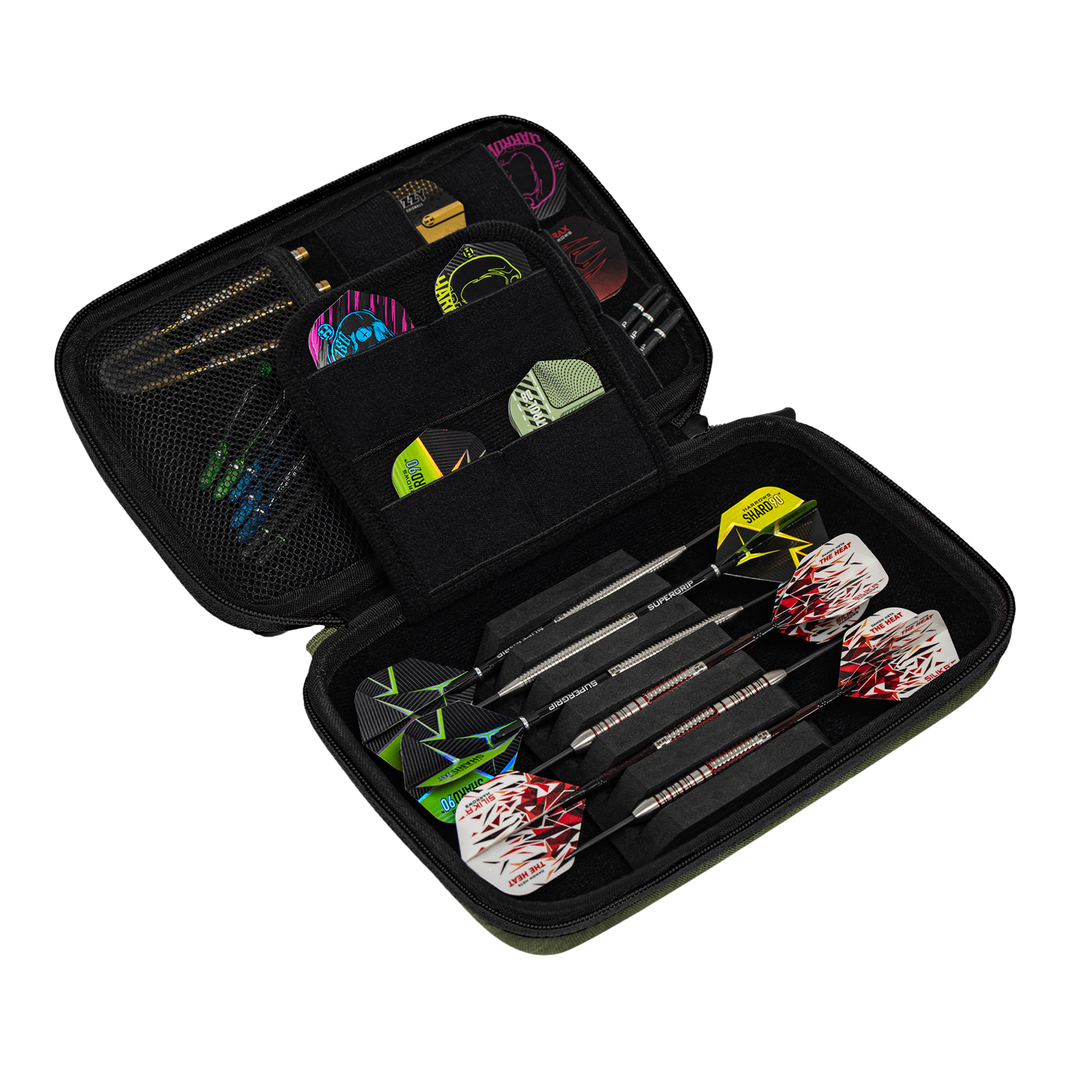 Harrows Smart Case XL dart wallet Das Bild zeigt ein offenes Dart-Etui mit mehreren Fächern. Darin befinden sich drei zusammengesetzte Darts sowie diverses Dart-Zubehör und Ersatzteile.
