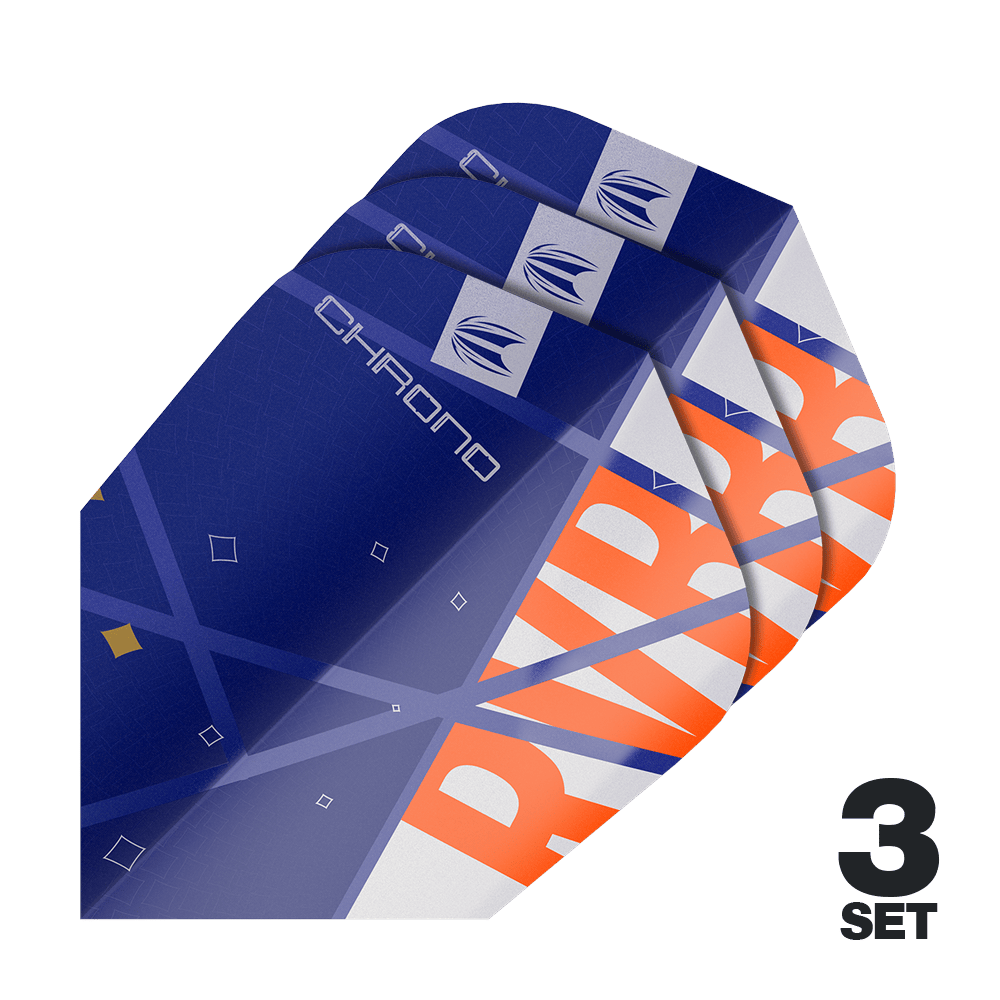 Auf dem Bild sind drei Sätze von Target Pro Ultra Raymond Van Barneveld Chrono Ten-X Standard Flights zu sehen. Die Flights sind überwiegend blau mit orangefarbenen und weißen Akzenten gestaltet.