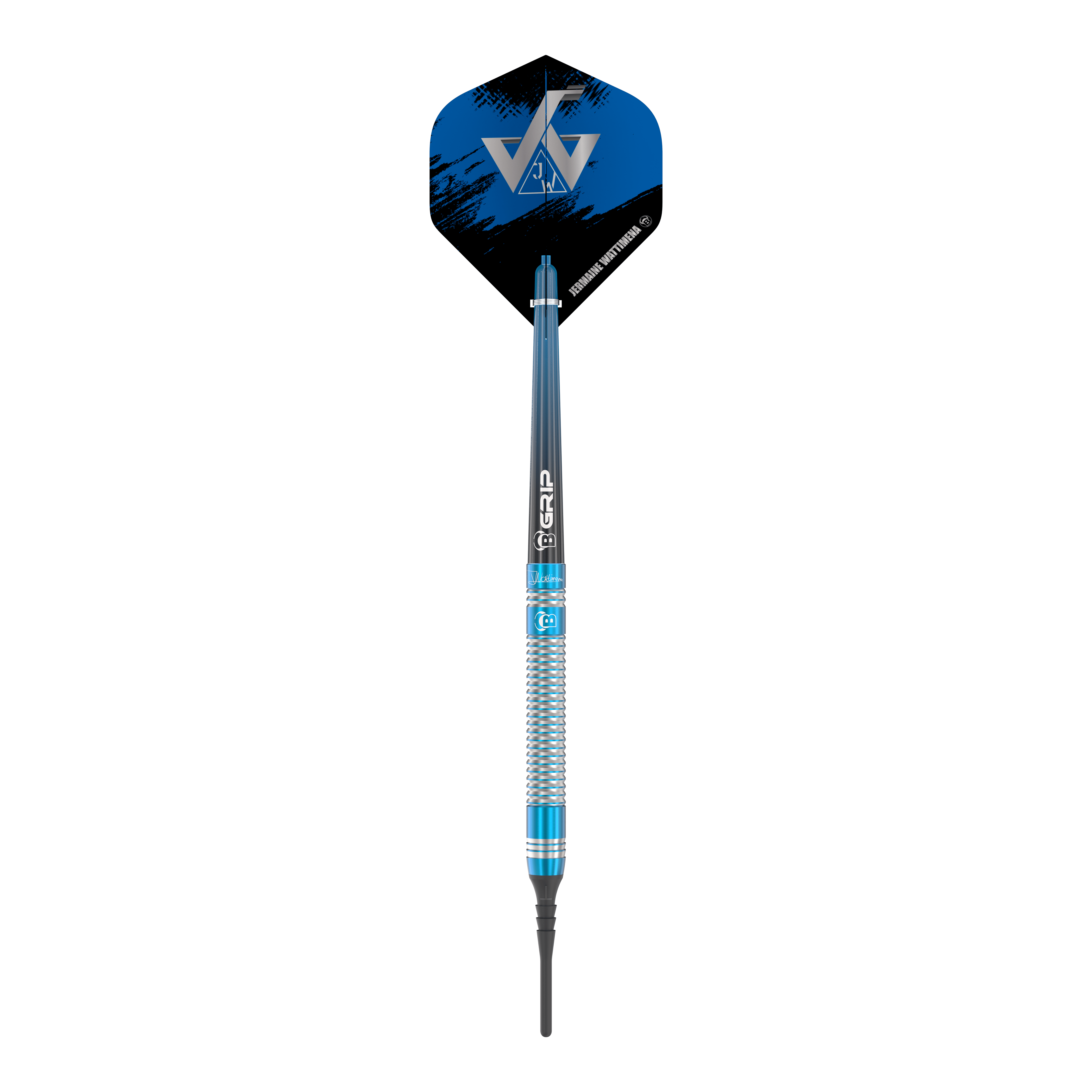 Bulls Jermaine Wattimena Generation 3 Soft Darts - 20g Das Bild zeigt einen Bulls Jermaine Wattimena Generation 3 Softdart mit 20g Gewicht. Der Dartpfeil hat ein auffälliges blau-silbernes Design und ein schwarzes Flight mit silbernem Logo.