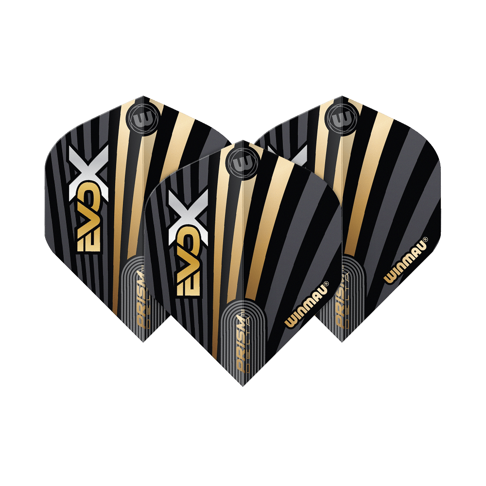 Das Bild zeigt drei Winmau Prism Delta MvG Evo-X No2 Standard Flights. Sie haben ein schwarzes Design mit goldenen und silbernen Streifen sowie dem Winmau-Logo.