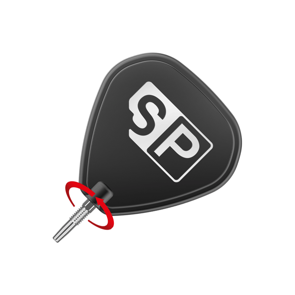Target Swiss Point Silver dart tips Das Bild zeigt eine silberne Dartspitze, die an einem schwarzen Dartflight mit der Aufschrift "SP" angebracht ist. Ein roter Pfeil deutet darauf hin, dass die Spitze gedreht oder gewechselt werden kann.