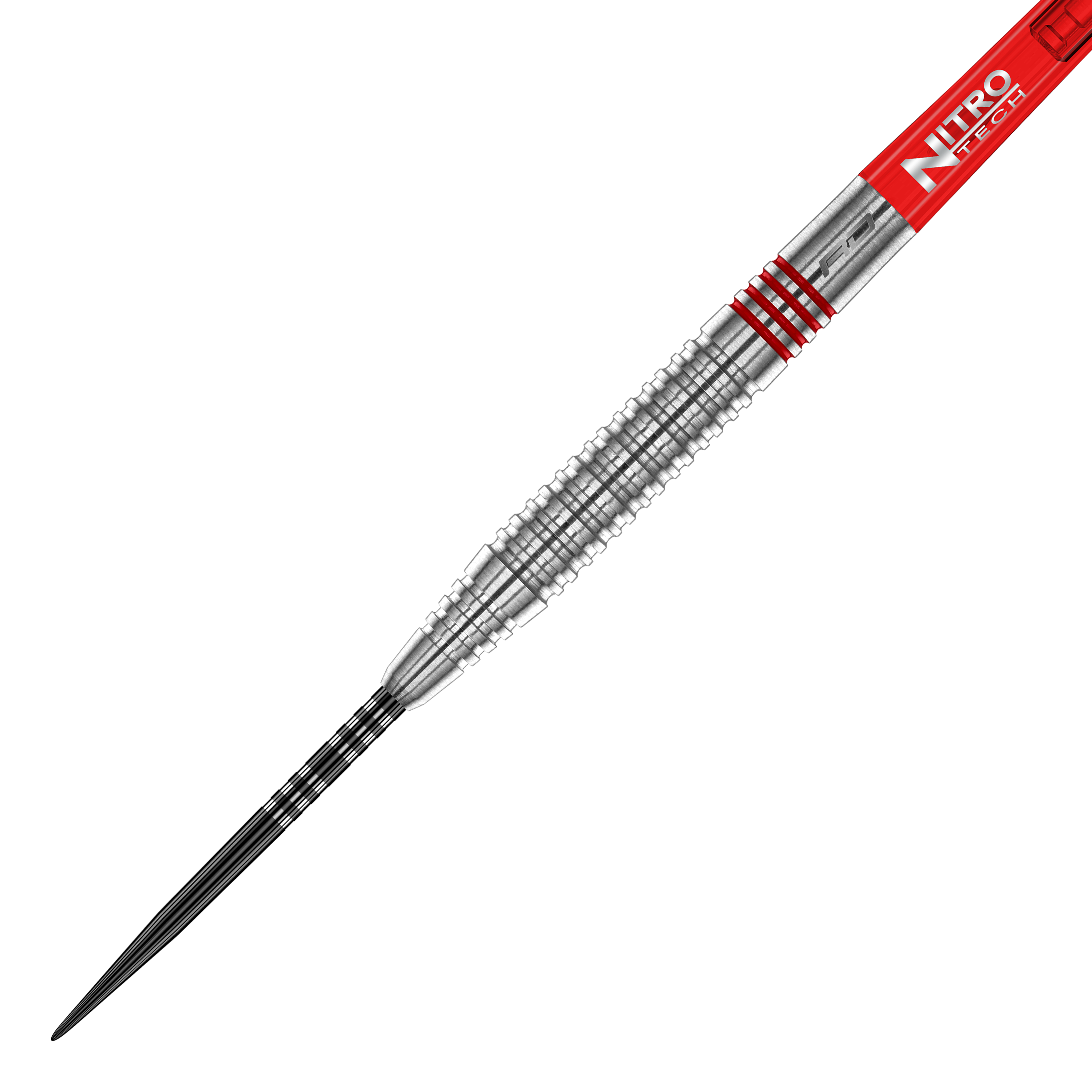 Red Dragon Jonny Clayton Original 2 steel darts Das Bild zeigt einen Red Dragon Jonny Clayton Original 2 Steeldart. Der Dartpfeil hat ein silbernes, gerilltes Barrel und einen roten Schaft mit der Aufschrift "Nitro Tech".
