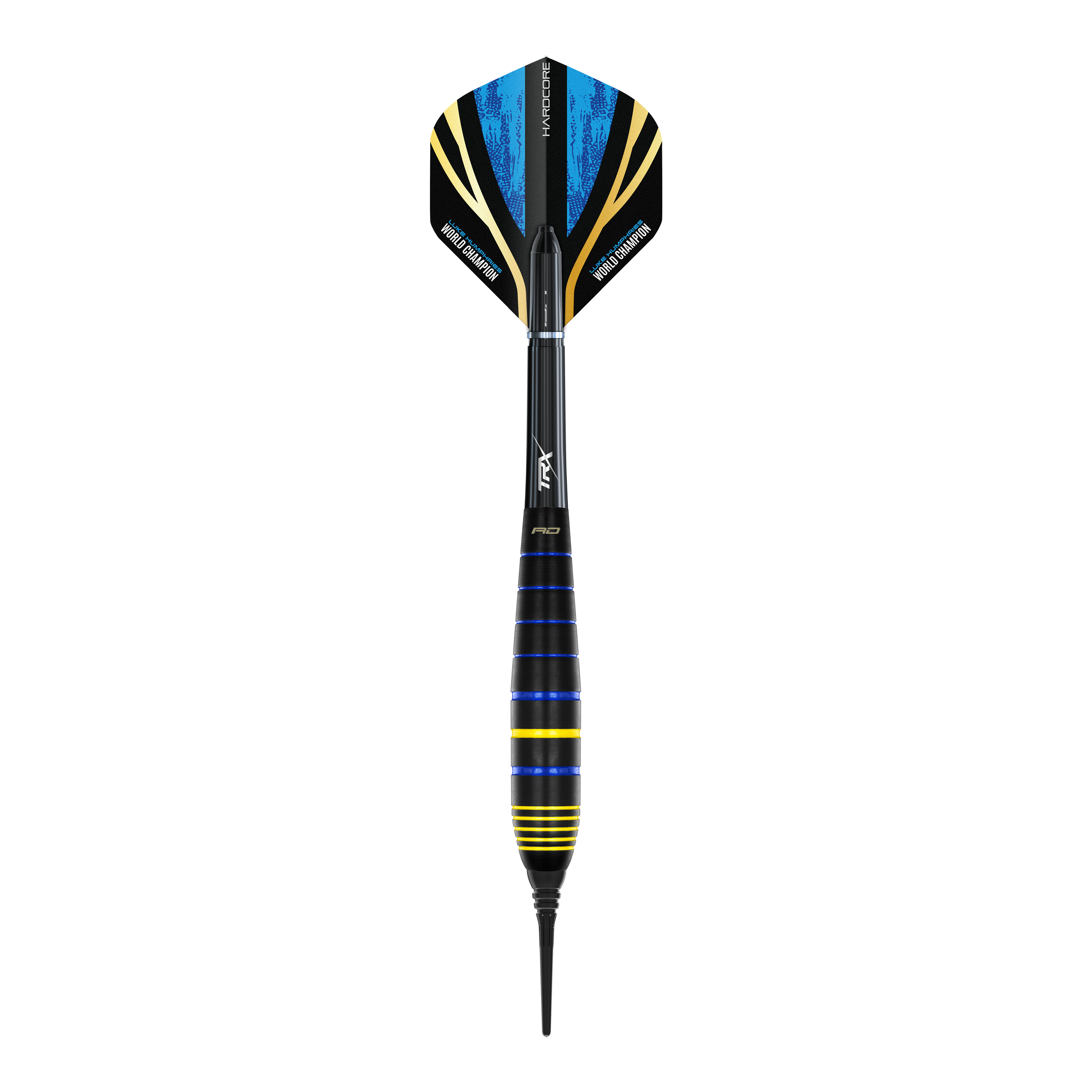Das Bild zeigt einen Red Dragon Luke Humphries World Champion Brass Softdart mit 20g Gewicht. Der Dart ist schwarz mit blauen und gelben Akzenten gestaltet.