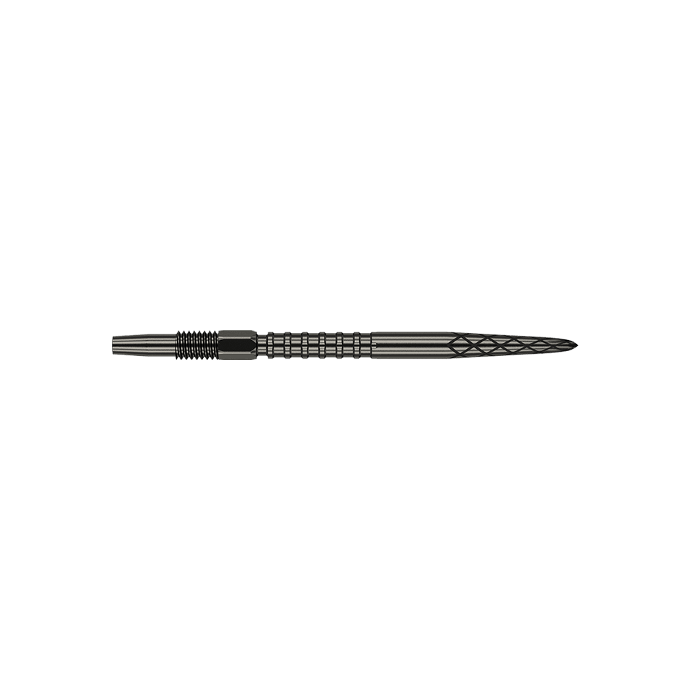 Target Swiss DS Surge Point dart tips - Black Das Bild zeigt eine schwarze Dartspitze mit Rillen und einem strukturierten Muster. Sie ist schmal und lang, typisch für Präzisionsdarts.