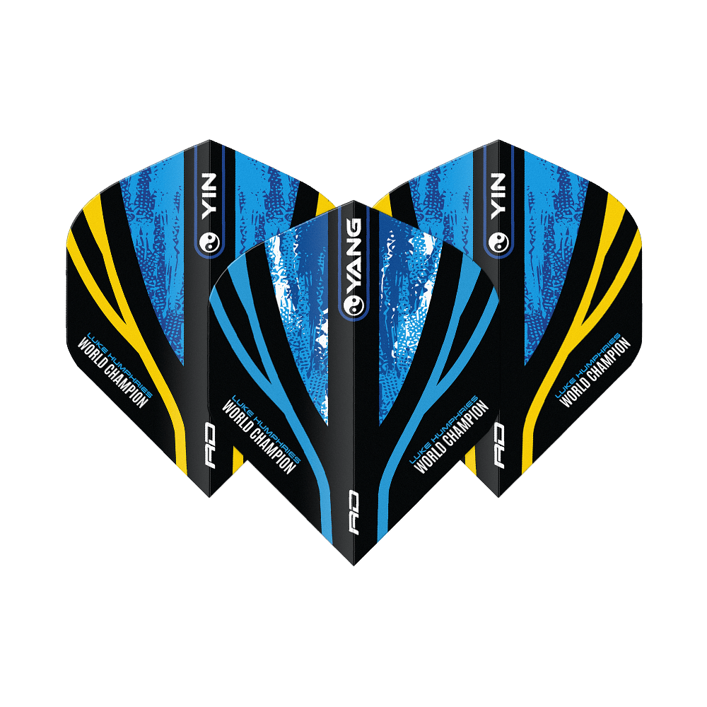 Das Bild zeigt drei Dart-Flights mit dem Design "Red Dragon Luke Humphries World Champion Blue Gold Yin Yang Standard Flights". Die Flights sind in Blau, Schwarz und Gold gehalten und tragen die Aufschrift "World Champion".