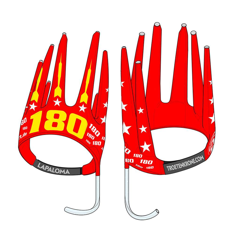 9026-McDart-180-er-Tr-tenkrone-6 Das Bild zeigt die rote "McDart 180-er Trötenkrone" mit gelber Schrift und weißen Sternen. Die Krone hat mehrere hohe Zacken und einen Haken zum Befestigen.