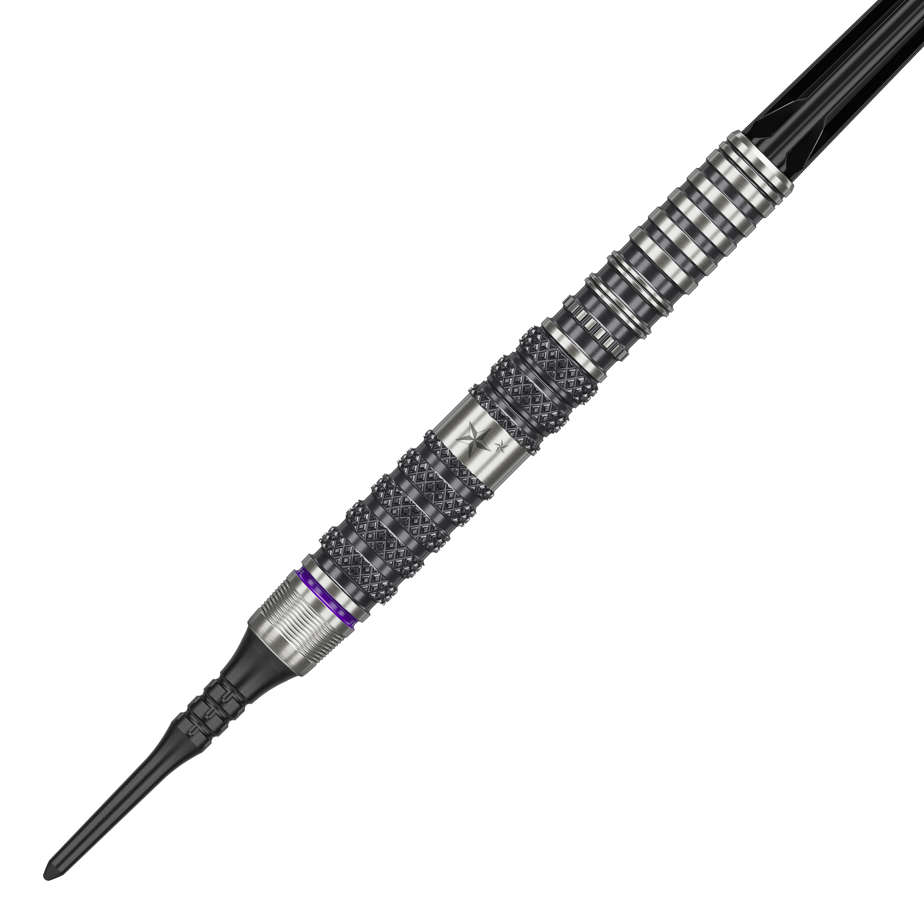 Target Japan Yuta Hayashi Sirius GEN3 Soft Darts - 19g Das Bild zeigt den Target Japan Yuta Hayashi Sirius GEN3 Softdart mit einem Gewicht von 19g. Der Dart hat ein silbernes, strukturiertes Barrel mit schwarzen und lilafarbenen Akzenten.