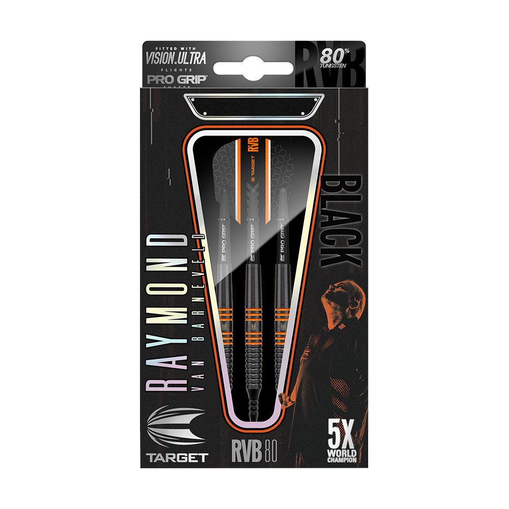 Das Bild zeigt die Verpackung der "Target RVB 80% Black Tungsten Softdarts". Auf der Verpackung sind drei Darts sowie der Name Raymond van Barneveld und der Hinweis auf 80% Tungsten zu sehen.