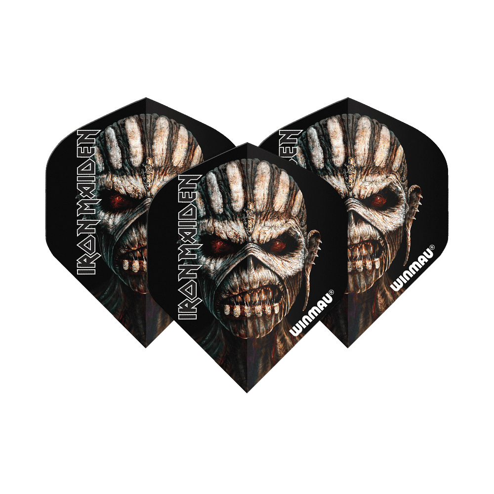 6905-239_Winmau_Iron_Maiden_Book_Of_Souls_Standard_Flights_13UKbaWZY0mb9N Das Bild zeigt drei Dartflights mit einem gruseligen Totenkopf-Design aus dem Buch "Book of Souls" von Iron Maiden. Auf den Flights stehen die Schriftzüge "IRON MAIDEN" und "Winmau".