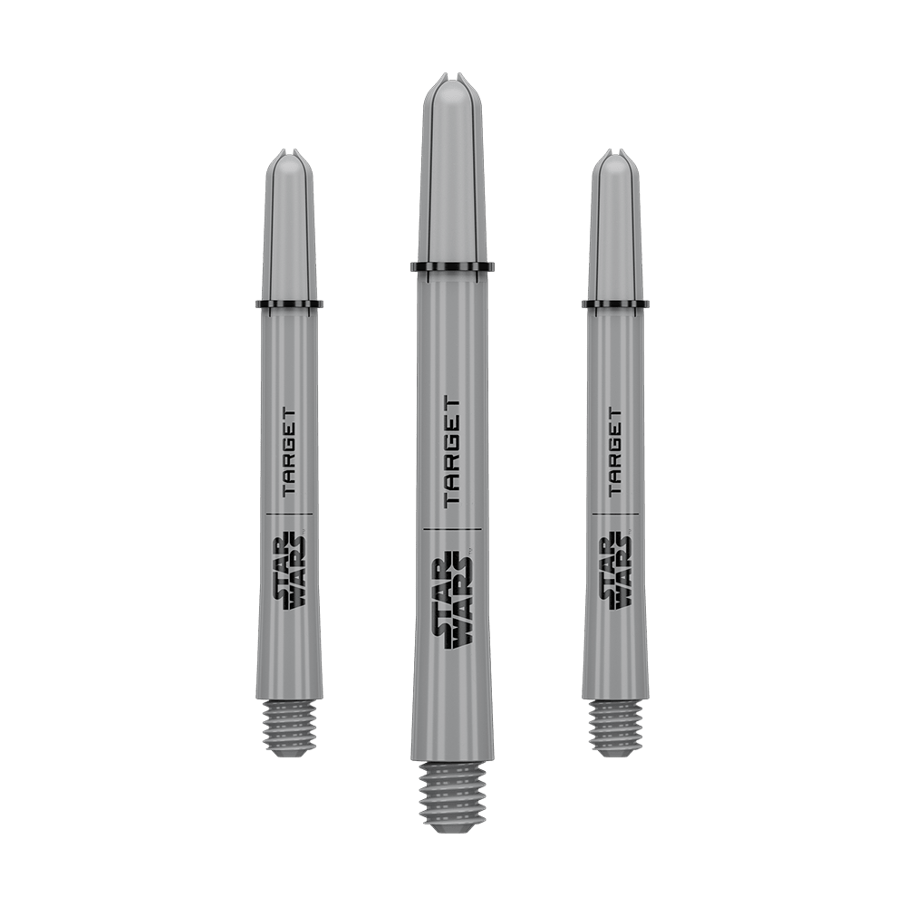 Target Star Wars ProGrip Shafts - Gray Das Bild zeigt ein Dart-Zubehör mit dem Dateinamen 380432_Target_StarWars_ProGrip_Shafts_Grau_Medium_48mm_1Set. Es handelt sich vermutlich um einen grauen Medium ProGrip Shaft von Star Wars mit 48mm Länge als Set.