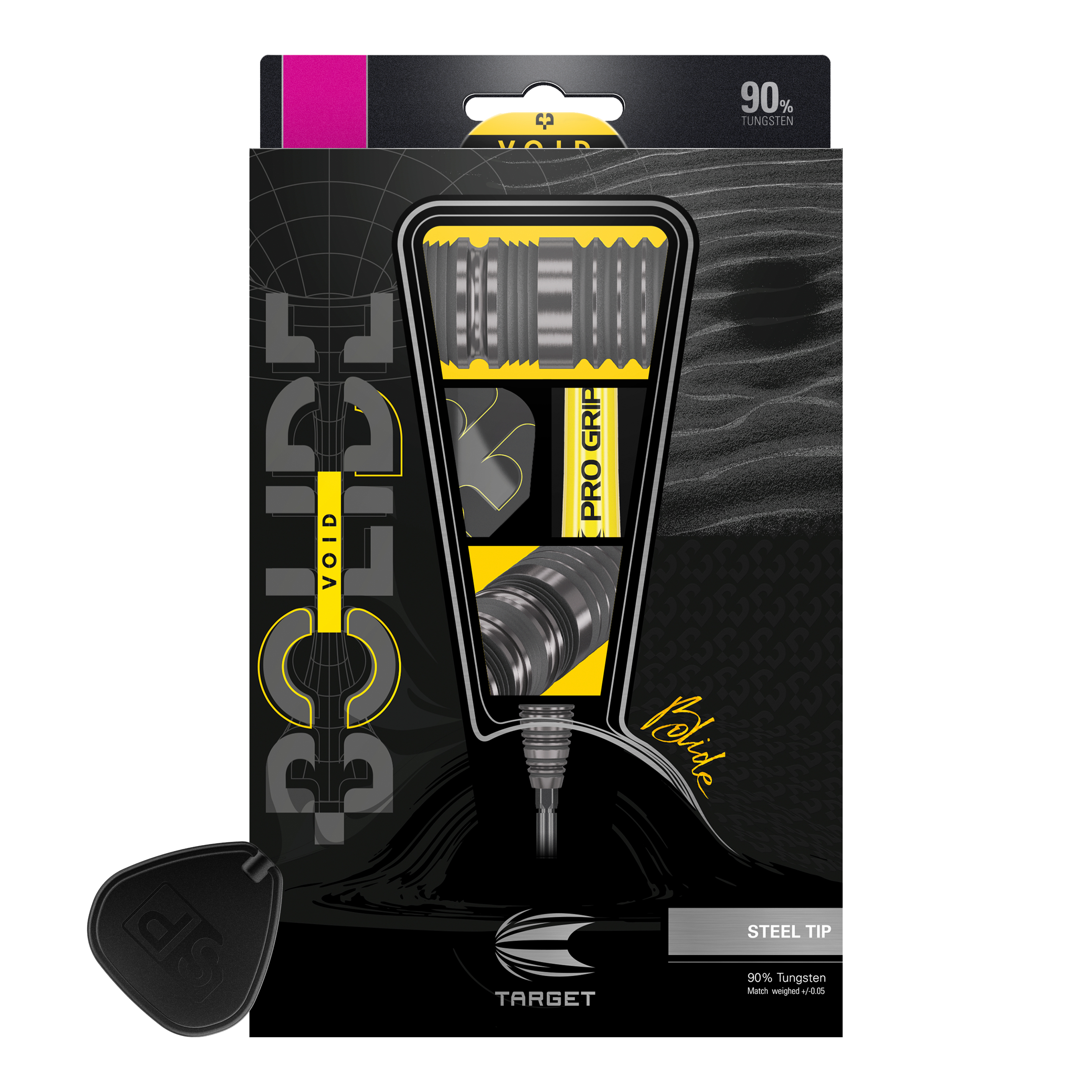 Target Bolide Void 01 Swiss Point Steeldarts Das Bild zeigt die Verpackung der "Target Bolide Void 01 Swiss Point Steeldarts". Auf der Verpackung sind die Darts sowie wichtige Produktinformationen, wie „90 % Tungsten“ und „Pro Grip“, zu sehen.
