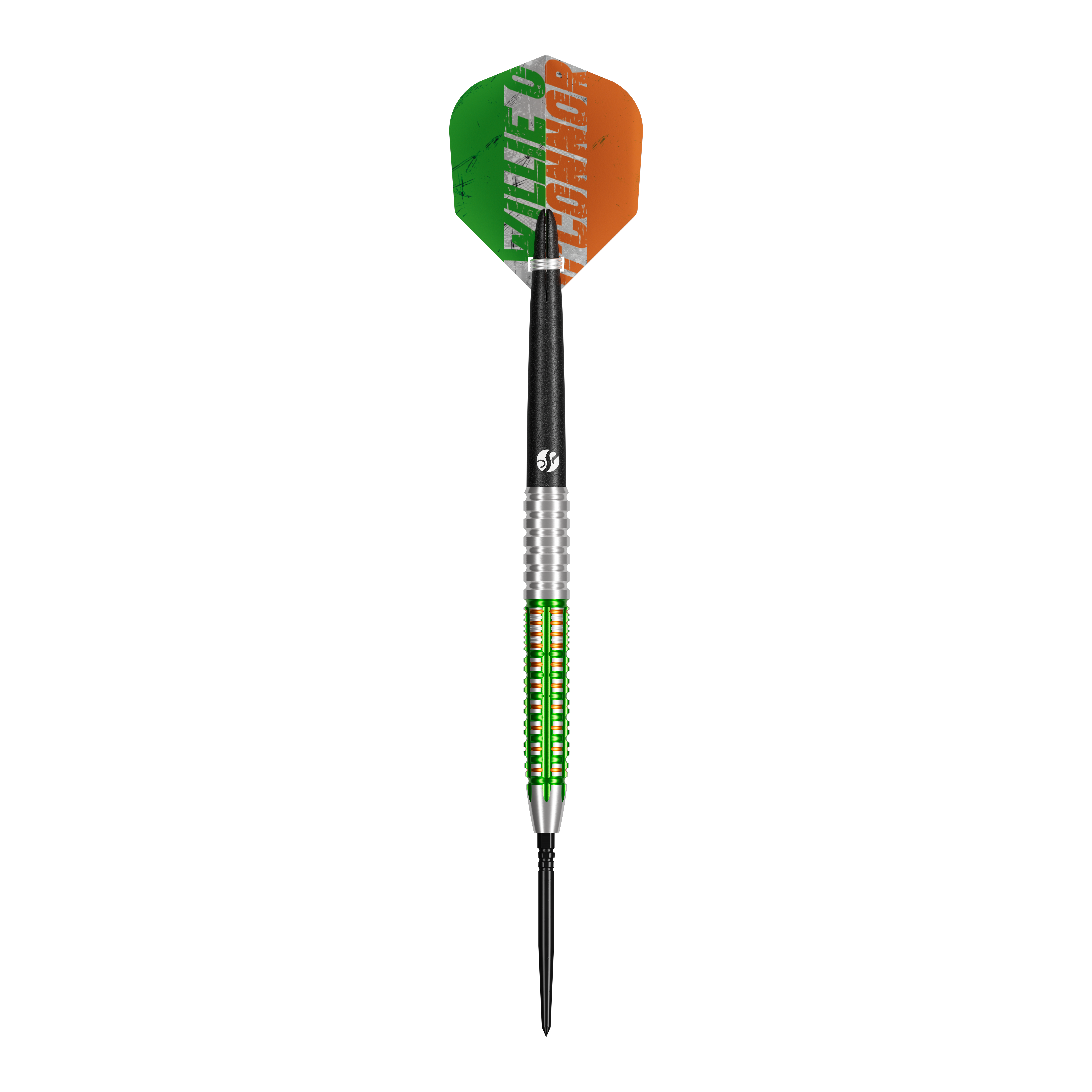 Ein Steeldart-Set wird gezeigt. Die Darts sind klassisch gestaltet und gleichmäßig angeordnet.